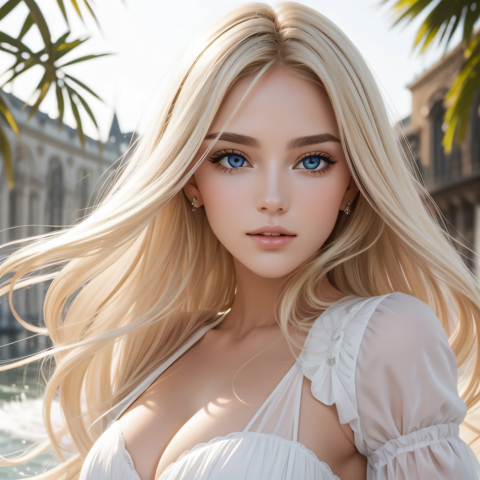 Peau blanche transparente brillante、Wind hair gets in the way of a pretty face、Colossal、20 ans mignon sexy petit beau visage、De beaux cheveux raides qui brillent、grand, Yeux bleu clair brillants、Longue frange soyeuse couvrant les yeux mignons, Sexy visage cachant cheveux super cheveux longs sexy mignon jeune femme long naturel blond brillant cheveux brillants