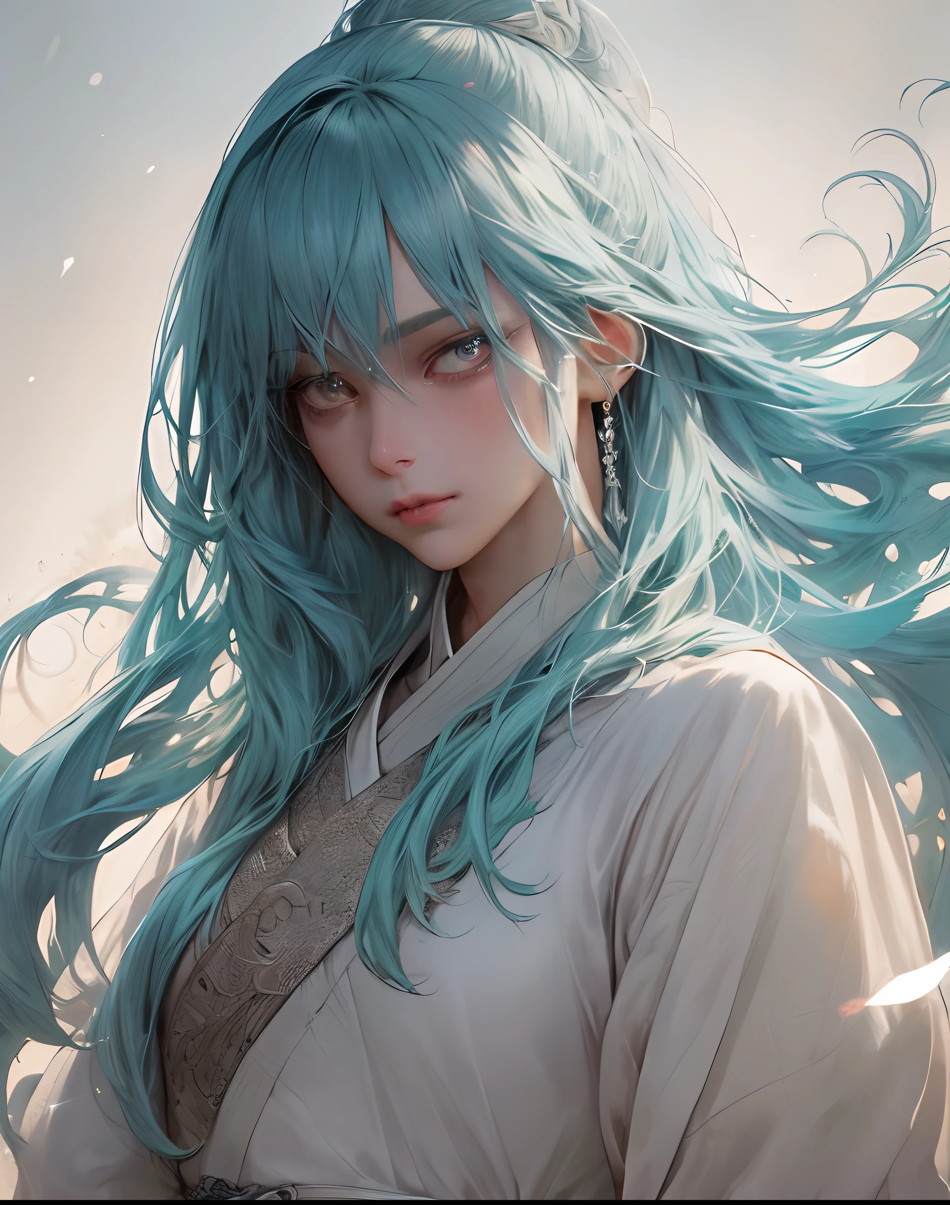 a close up of a man with a sword in a white dress, a character portrait by Yang J, trending on cgsociety, fantasy art, beautiful character painting, artwork in the style of guweiz, guweiz, white hanfu, flowing white robes, full body wuxia, epic exquisite character art, stunning character art, handsome male assassin, highly detailed facial features, extremely handsome , neon glow affects, zoomed out, 55mm, beautiful eyes, highly detailed eyes, sparkling shiny eyes, glowing pupils,masterpiece