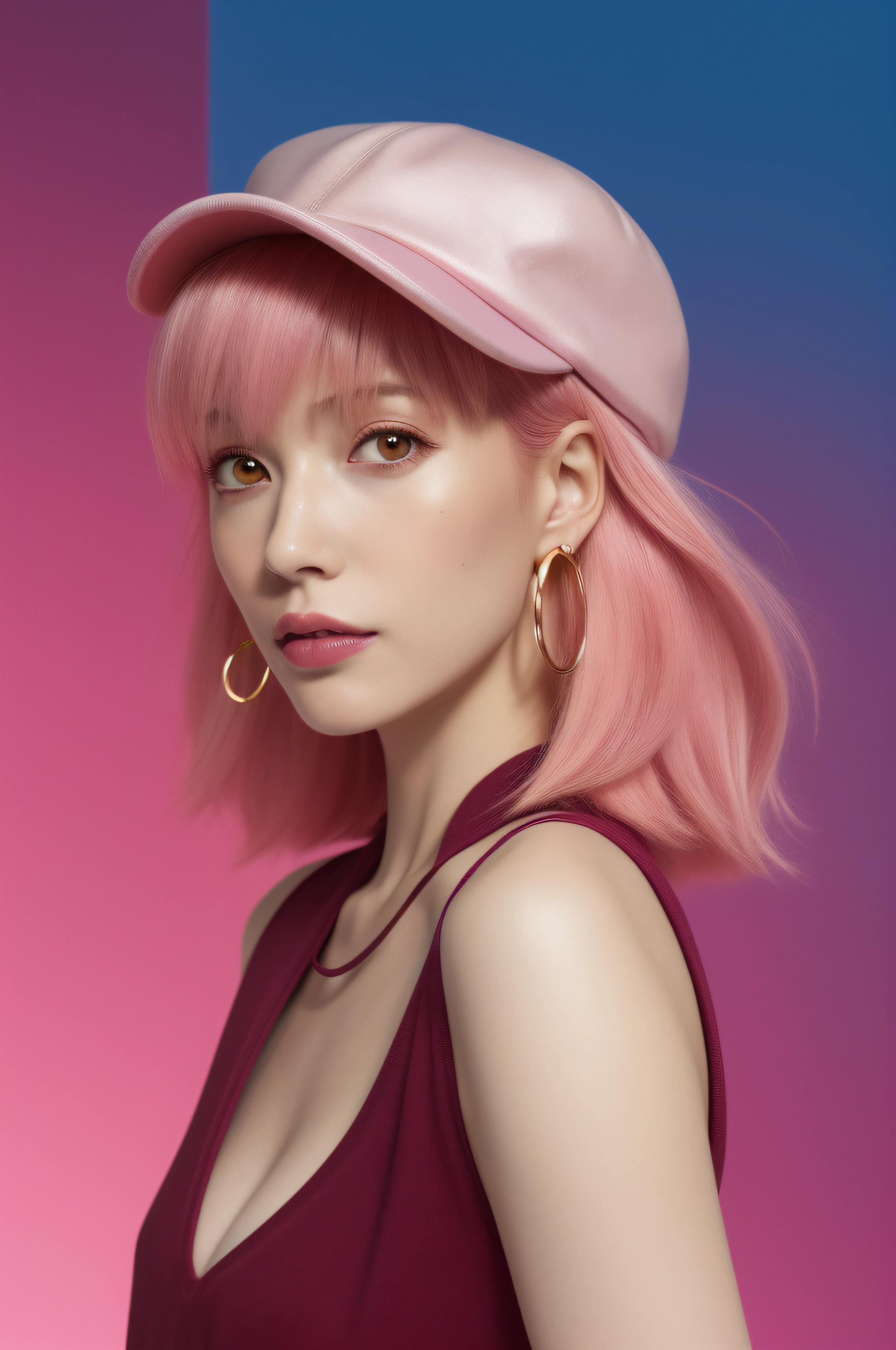 (masutepiece:1.1), (Highest Quality:1.1), (nffsw:1.0), 1girl in, Gold eyes, Rear-facing hat, Pink hair, Happy, Expressive, Shoulder Armor, Aqua Background, hat, hoop earrings, Jewelry, Looking at Viewer, Shirt, Long hair, (Simple background:0.8), (Abstract background:1.2), Solo, Upper body, Maroon Shirt, gold trim, (Luxury:0.8)