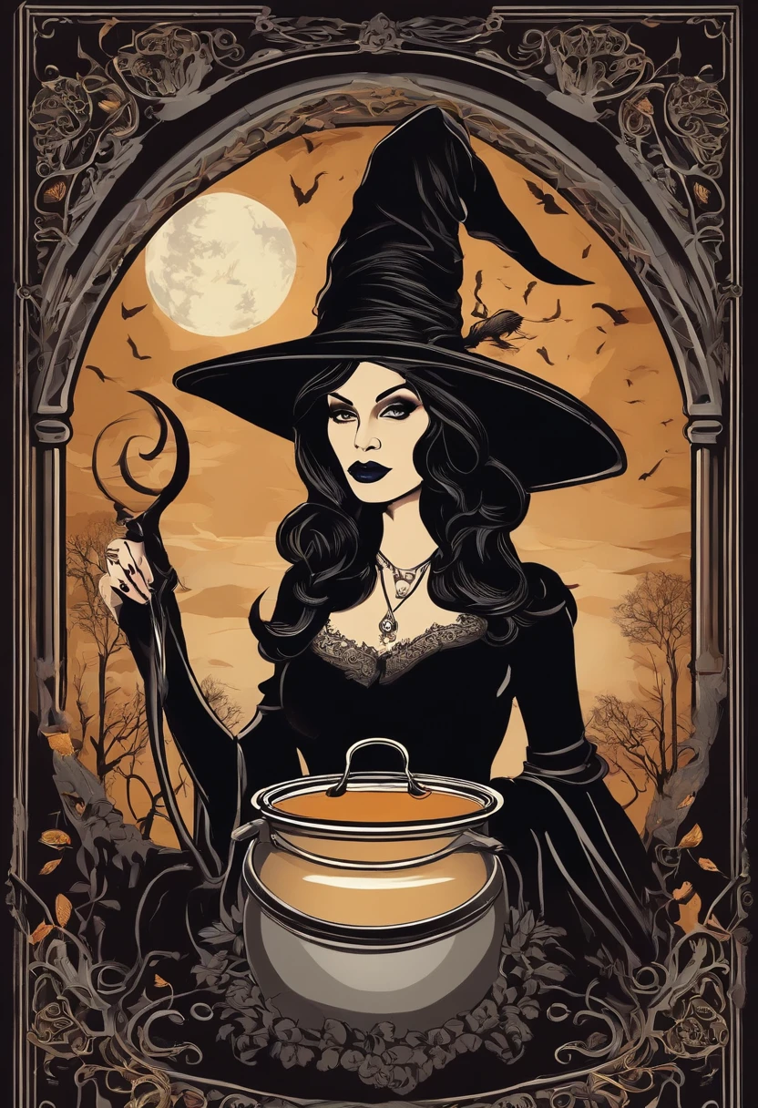 Tattoo convention poster with a tattooed witch with art nouveau traits, wearing traditional black witch dress and witch hat, com cabelos brancos, em seu quarto de bruxa detalhado, stirring a cauldron conjuring spells, com seu gato preto ao lado observando, tendo como pano de fundo uma noite de fantasia com lua cheia e vista da janela do quarto