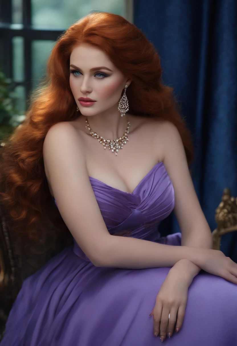 redhead queen, tall, blue eyes, perfect nose, fat, round face, straight eyebrow god, purple dress,(big-breasted:1.5) full body