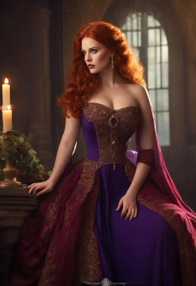 redhead queen, tall, blue eyes, perfect nose, fat, round face, straight eyebrow god, purple dress,(big-breasted:1.5) full body