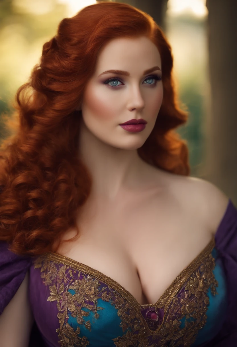 redhead queen, tall, blue eyes, perfect nose, fat, round face, straight eyebrow god, purple dress,(big-breasted:1.5) full body