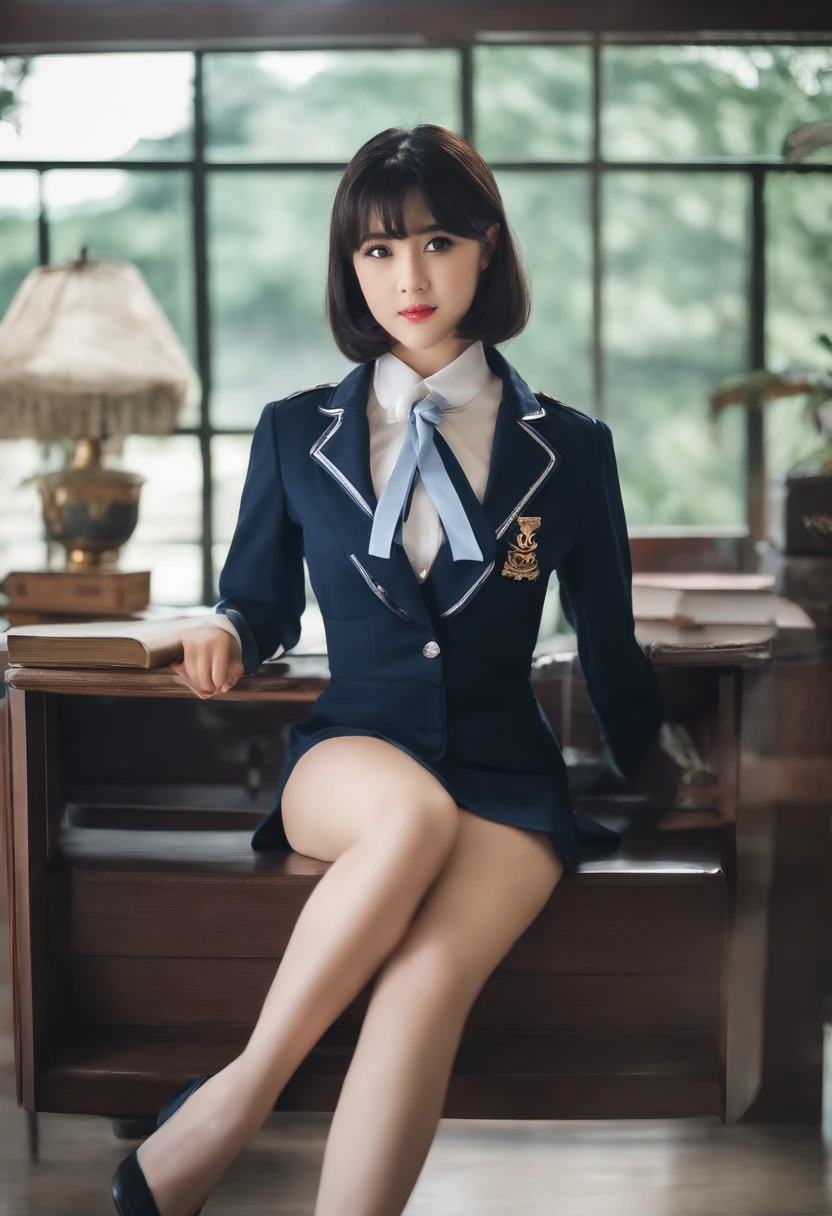 JK Navy Blue Uniform Skirt,Light blue lace bra,A dark-haired,Black Hair Bob Cut,Breast D Cup,A slender,slender,thick eyebrows,natural make up,droolng,thrust out one's hip,Vulgar face,Drooping tongue,Flip the skirt,view front,Bedside,Asian,hi-school girl,Girls' high school uniform skirt only,Upper body naked