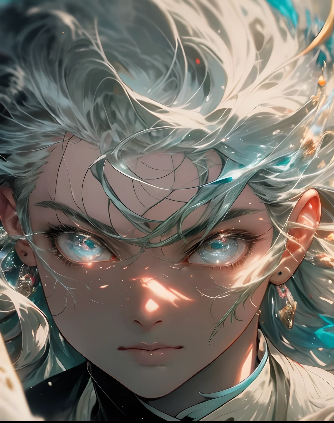 a close up of a man with a sword in a white dress, a character portrait by Yang J, trending on cgsociety, fantasy art, beautiful character painting, artwork in the style of guweiz, guweiz, white hanfu, flowing white robes, full body wuxia, epic exquisite character art, stunning character art, handsome male assassin, highly detailed facial features, extremely handsome , neon glow affects, zoomed out, 55mm, beautiful eyes, highly detailed eyes, sparkling shiny eyes, glowing pupils,masterpiece