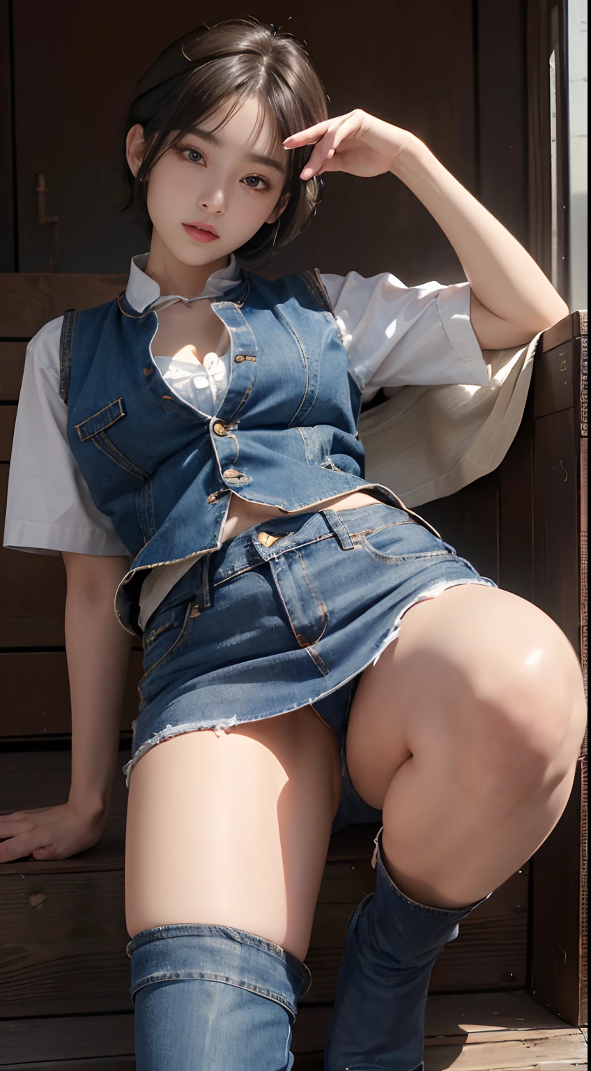 (masuter piece:1.3)、(8K、Photorealsitic、Raw photography、top-quality: 1.4)、(1girl in)、beautiful countenance、(Lifelike face)、(light bege hair、short-hair)、((Busty Boobs))、 (Denim Vest、No underwear:1.3)、(super short denim skirt)、(Ankle Boots)、(are visible)、(Pubic hair shows through)、realisticeyes、Beautiful details、(real looking skin)、Beautiful skins、absurderes、enticing、超A high resolution、A hyper-realistic、high-detail、the golden ratio