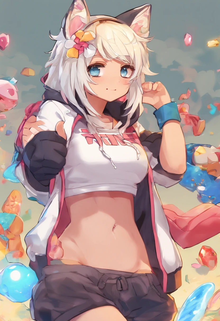 Single boy, Anime Femboy, Short, Long white hair, wolf ears, wolf tail, blue eyes, wearing jean short shorts, thigh high socks, black combat boots, wearing cropped black hoodie, flat chest, super flat chest, solo femboy, only one femboy ((FLAT CHEST)), wide hips, thicc thighs, happy, nice butt, lobo written on hoodie, bent over