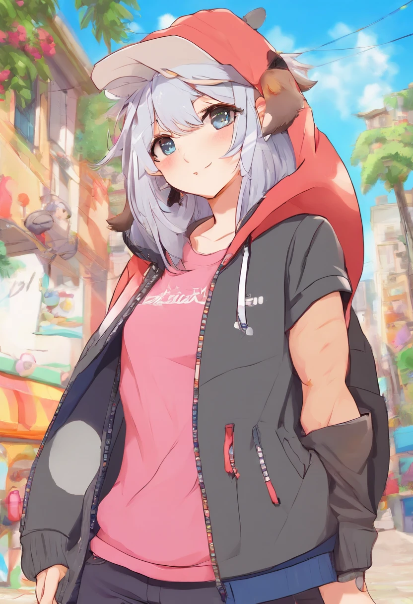 Single boy, Anime Femboy, Short, Long white hair, wolf ears, wolf tail, blue eyes, wearing jean short shorts, thigh high socks, black combat boots, wearing cropped black hoodie, flat chest, super flat chest, solo femboy, only one femboy ((FLAT CHEST)), wide hips, thicc thighs, happy, nice butt, lobo written on hoodie, bent over