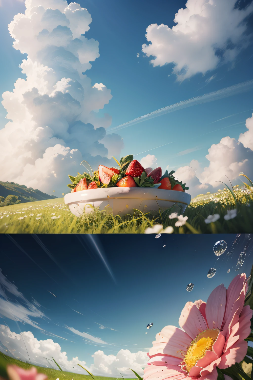 Summer wallpapers、grassy、Rose flowers、Strawberries next to the flowers、Big clouds、blue-sky、Hot weather、high definition detail、wet watermarks、hyper-detailing、film、ultra-realistic realism、softlighting、Deep focus bokeh、Ray tracing and hyper-realism。