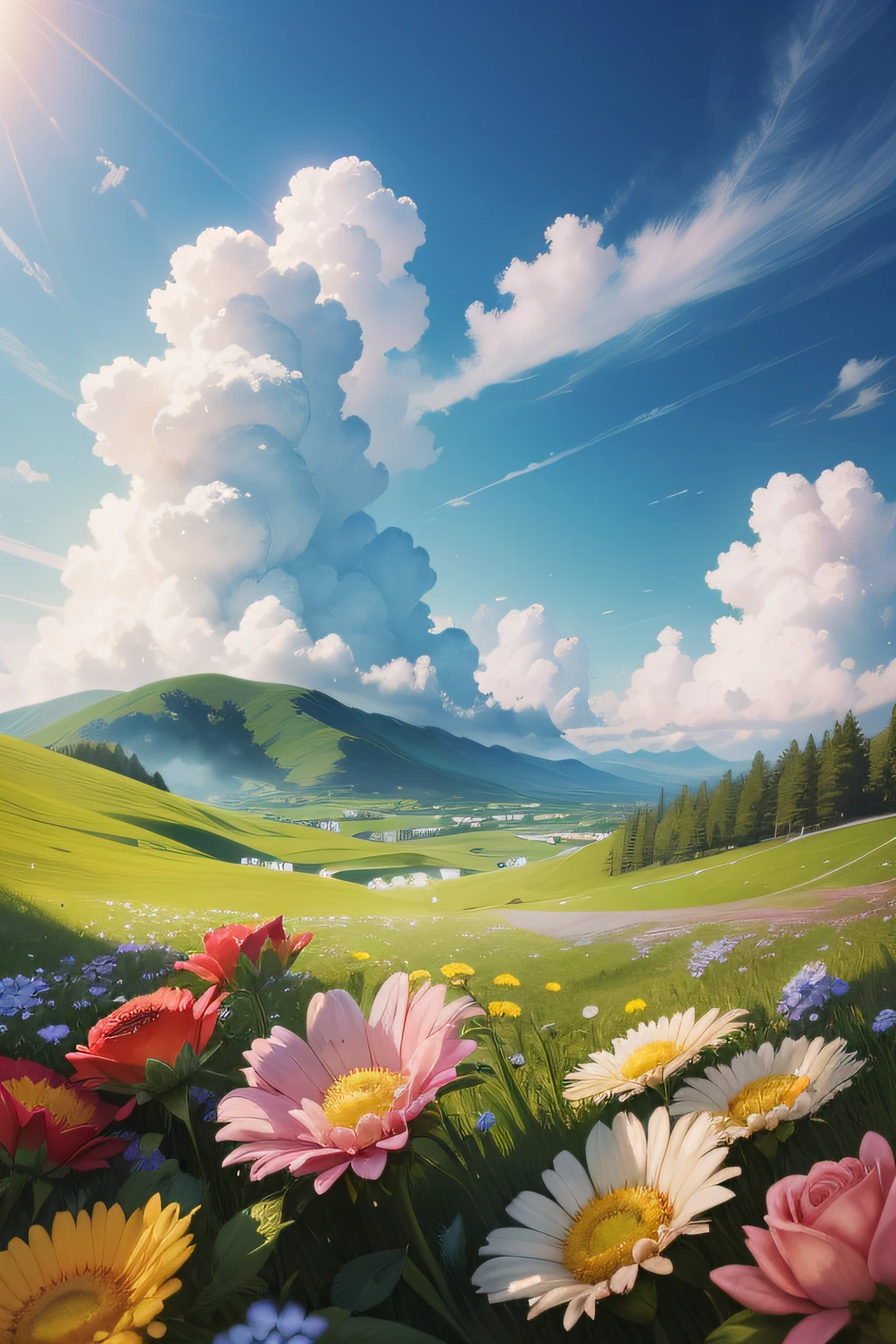 Summer wallpapers、grassy、Rose flowers、Strawberries next to the flowers、Big clouds、blue-sky、Hot weather、high definition detail、wet watermarks、hyper-detailing、film、ultra-realistic realism、softlighting、Deep focus bokeh、Ray tracing and hyper-realism。