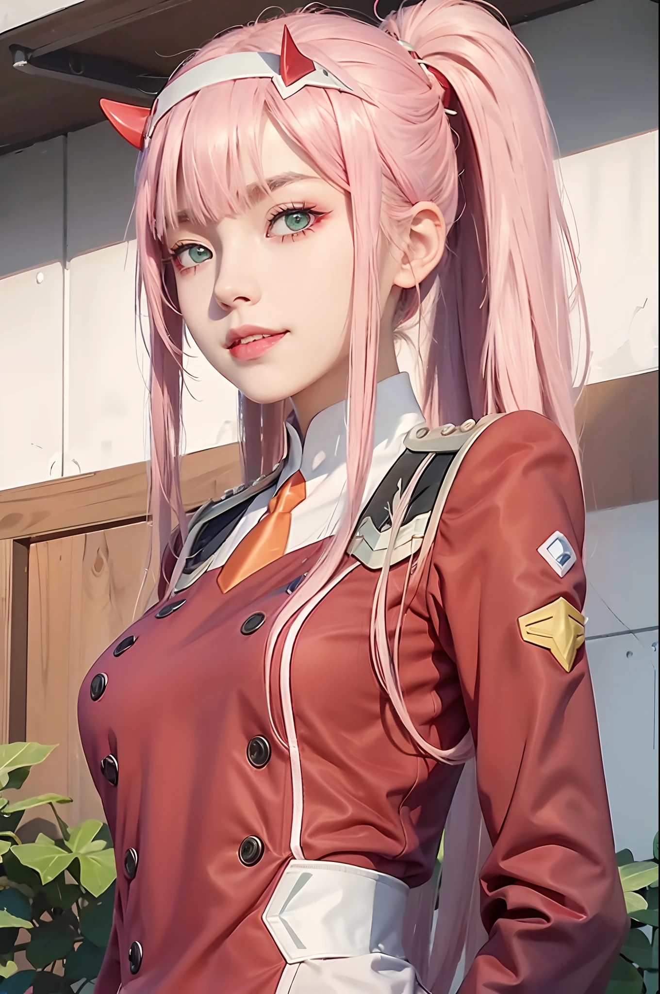 zero two \(darling in the franxx\), horns, 1girl, solo, pink hair, hairband, long hair, smile, white hairband, uniform, necktie, military, military uniform, medium breasts, looking at viewer, breasts, upper body, eyebrows visible through hair, double-breasted, buttons