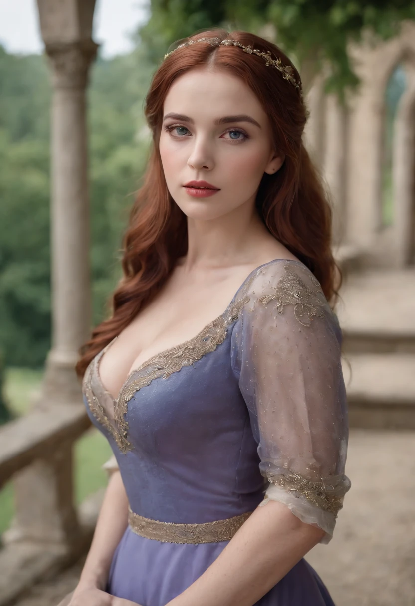 Realistic photo, a realistic photo of 30yo adult medieval woman queen wearing a purple dress, red hair, medieval castle, blue eyes, ((rectangular face)), arched eyebrows, upturned eyes,(1girl), (extremely detailed CG unity 8k wallpaper), photo of the most beautiful artwork in the world, professional majestic, (big-breasted:1.5) (photography by Steve McCurry), 8k uhd, dslr, soft lighting, high quality, film grain, Fujifilm XT3 sharp focus, f 5.6, High Detail, Sharp focus, dramatic, (looking at viewer:1.2), (detailed pupils:1.3), (natural light),(( full body)).