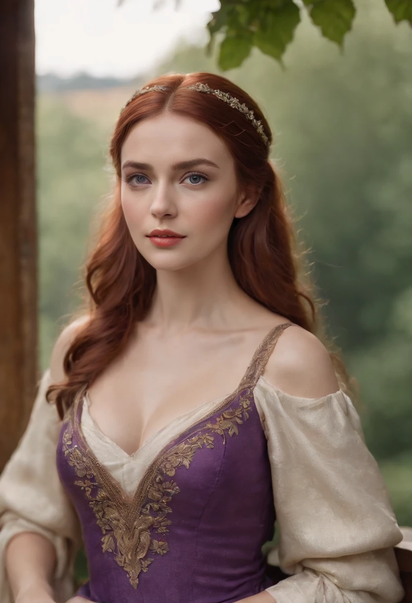 Realistic photo, a realistic photo of 30yo adult medieval woman queen wearing a purple dress, red hair, medieval castle, blue eyes, ((rectangular face)), arched eyebrows, upturned eyes,(1girl), (extremely detailed CG unity 8k wallpaper), photo of the most beautiful artwork in the world, professional majestic, (big-breasted:1.5) (photography by Steve McCurry), 8k uhd, dslr, soft lighting, high quality, film grain, Fujifilm XT3 sharp focus, f 5.6, High Detail, Sharp focus, dramatic, (looking at viewer:1.2), (detailed pupils:1.3), (natural light),(( full body)).
