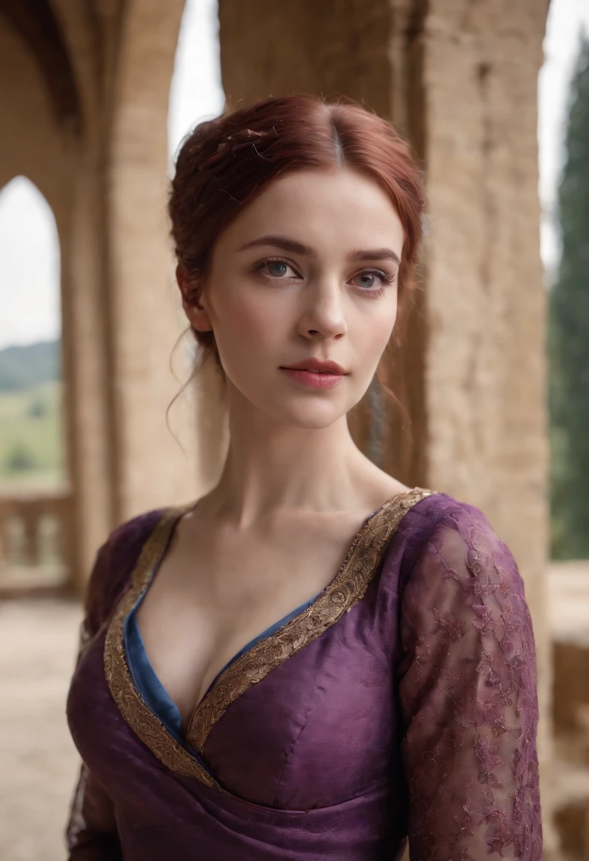 Realistic photo, a realistic photo of 30yo adult medieval woman queen wearing a purple dress, red hair, medieval castle, blue eyes, ((rectangular face)), arched eyebrows, upturned eyes,(1girl), (extremely detailed CG unity 8k wallpaper), photo of the most beautiful artwork in the world, professional majestic, (big-breasted:1.5) (photography by Steve McCurry), 8k uhd, dslr, soft lighting, high quality, film grain, Fujifilm XT3 sharp focus, f 5.6, High Detail, Sharp focus, dramatic, (looking at viewer:1.2), (detailed pupils:1.3), (natural light),(( full body)).