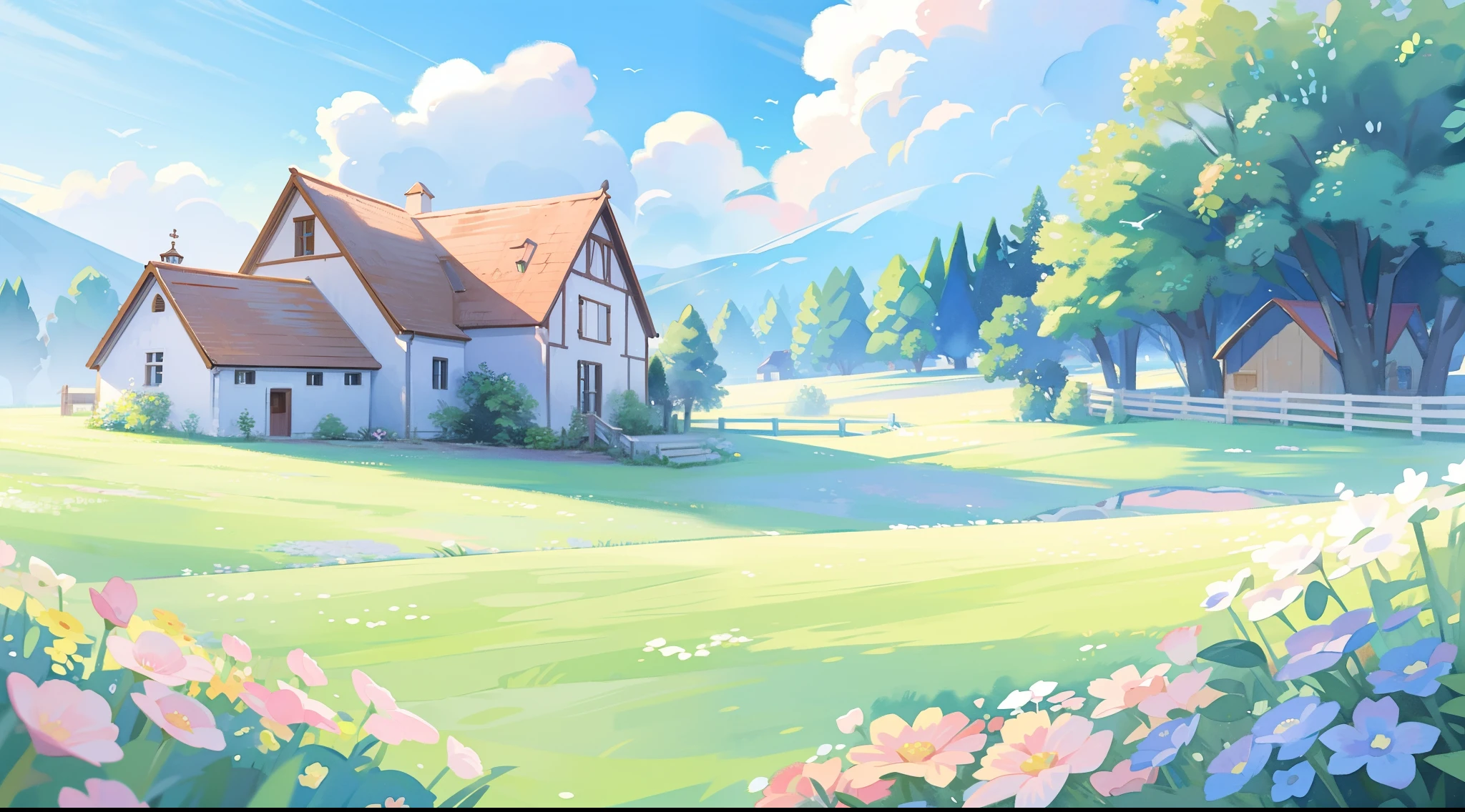 watercolor, children's storybook illustration, clouds, colorful, pastel colors, bright, ((masterpiece)), ((best quality)), 8k, intricate detail, high resolution, highly detailed environment, perfect architecture, sharp focus, highly detailed, countryside fantasy, watercolor illustration, whimsical, bright colors, huge overgrown farmhouse, barn, sharp details, meadow, vines, colorful flowers, perfect architecture