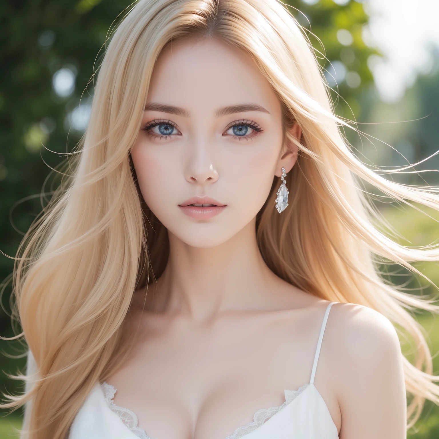 Peau blanche transparente brillante、Wind hair gets in the way of a pretty face、Colossal、20 ans mignon sexy petit beau visage、De beaux cheveux raides qui brillent、grand, Yeux bleu clair brillants、Longue frange soyeuse couvrant les yeux mignons, Sexy visage cachant cheveux super cheveux longs sexy mignon jeune femme long naturel blond brillant cheveux brillants, ((full body photo))
