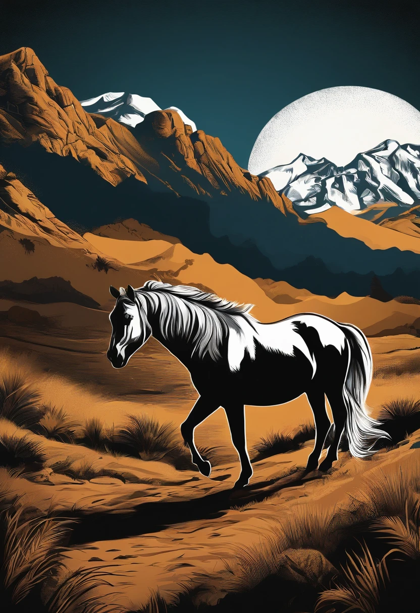 print-ready vector t-shirt design, cena de aventura com cavalo, com belo sol noturno e montanha e um animal ao fundo, fundo branco limpo, vetor profissional, Tiro completo, 8K resolution, Illustration in deep print