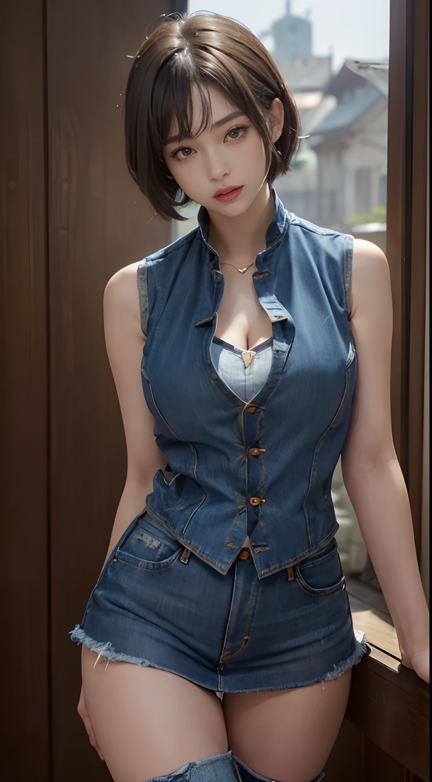 (masuter piece:1.3)、(8K、Photorealsitic、Raw photography、top-quality: 1.4)、(1girl in)、beautiful countenance、(Lifelike face)、(light bege hair、short-hair)、((Busty Boobs))、 (Denim Vest、no brassiere:1.5)、(super short denim skirt)、(Ankle Boots)、(caps)、(are visible:1.5)、(Wide buttock)、realisticeyes、Beautiful details、(real looking skin)、Beautiful skins、absurderes、enticing、超A high resolution、A hyper-realistic、high-detail、the golden ratio