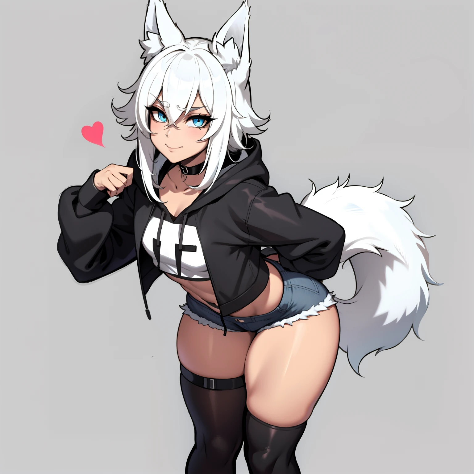 Single boy, Anime Femboy, Short, Long white hair, wolf ears, wolf tail, blue eyes, wearing jean short shorts, thigh high socks, black combat boots, wearing cropped black hoodie, flat chest, super flat chest, solo femboy, only one femboy ((FLAT CHEST)), wide hips, thicc thighs, happy, nice butt, lobo written on hoodie, bent over