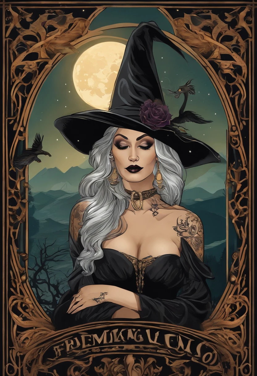 Tattoo convention poster with a tattooed witch with art nouveau features, wearing traditional black witch dress and witch hat with white hair, em seu quarto de bruxa detalhado, com livros de magia em cima de uma mesa de madeira, shaking a cauldron coming out smoke and conjuring spells, com seu gato preto ao lado observando, tendo como pano de fundo uma noite de fantasia com lua cheia e vista da janela do quarto