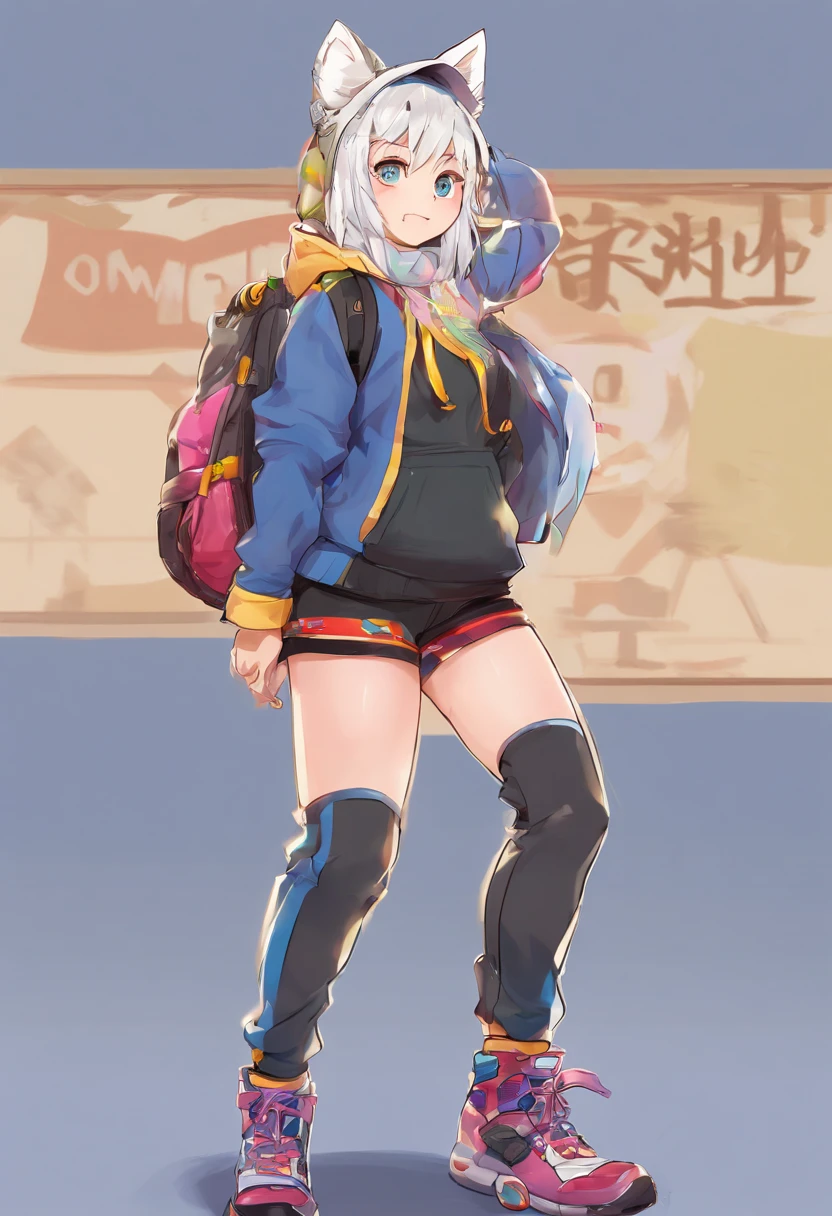 Single boy, Anime Femboy, Short, Long white hair, wolf ears, wolf tail, blue eyes, wearing jean short shorts, thigh high socks, black combat boots, wearing cropped black hoodie, flat chest, super flat chest, solo femboy, only one femboy ((FLAT CHEST)), wide hips, thicc thighs, happy, nice butt, lobo written on hoodie, bent over