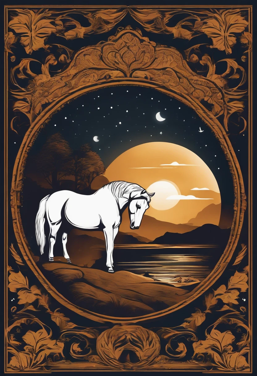 frame circular, print-ready vector t-shirt design, cena de aventura com cavalo, com belo sol noturno e montanha e um animal ao fundo, fundo branco limpo, vetor profissional, Tiro completo, 8K resolution, Illustration in deep print