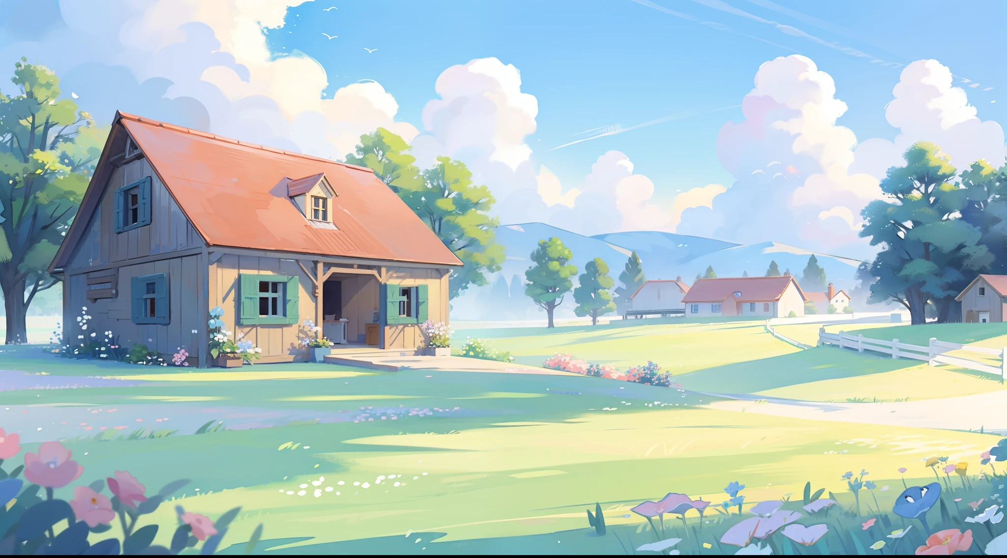 watercolor, children's storybook illustration, clouds, colorful, pastel colors, bright, ((masterpiece)), ((best quality)), 8k, intricate detail, high resolution, highly detailed environment, perfect architecture, sharp focus, highly detailed, countryside fantasy, watercolor illustration, whimsical, bright colors, huge overgrown farmhouse, barn, sharp details, meadow, vines, colorful flowers, perfect architecture