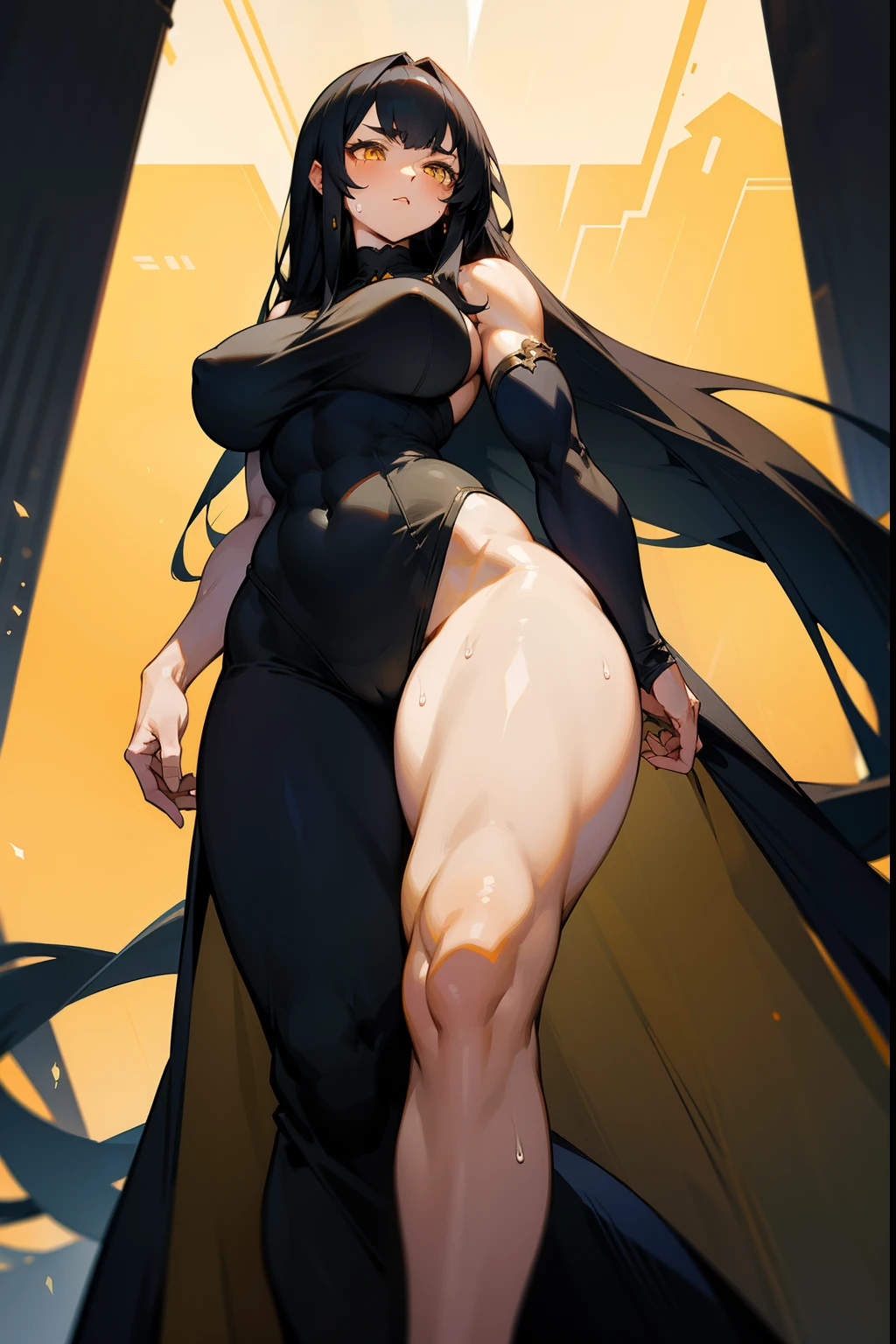 1 girl, black hair, yellow eyes, very long hair, muscular, tall, solo, thick thighs, large breasts, sweaty, long dress, from below, wide hips