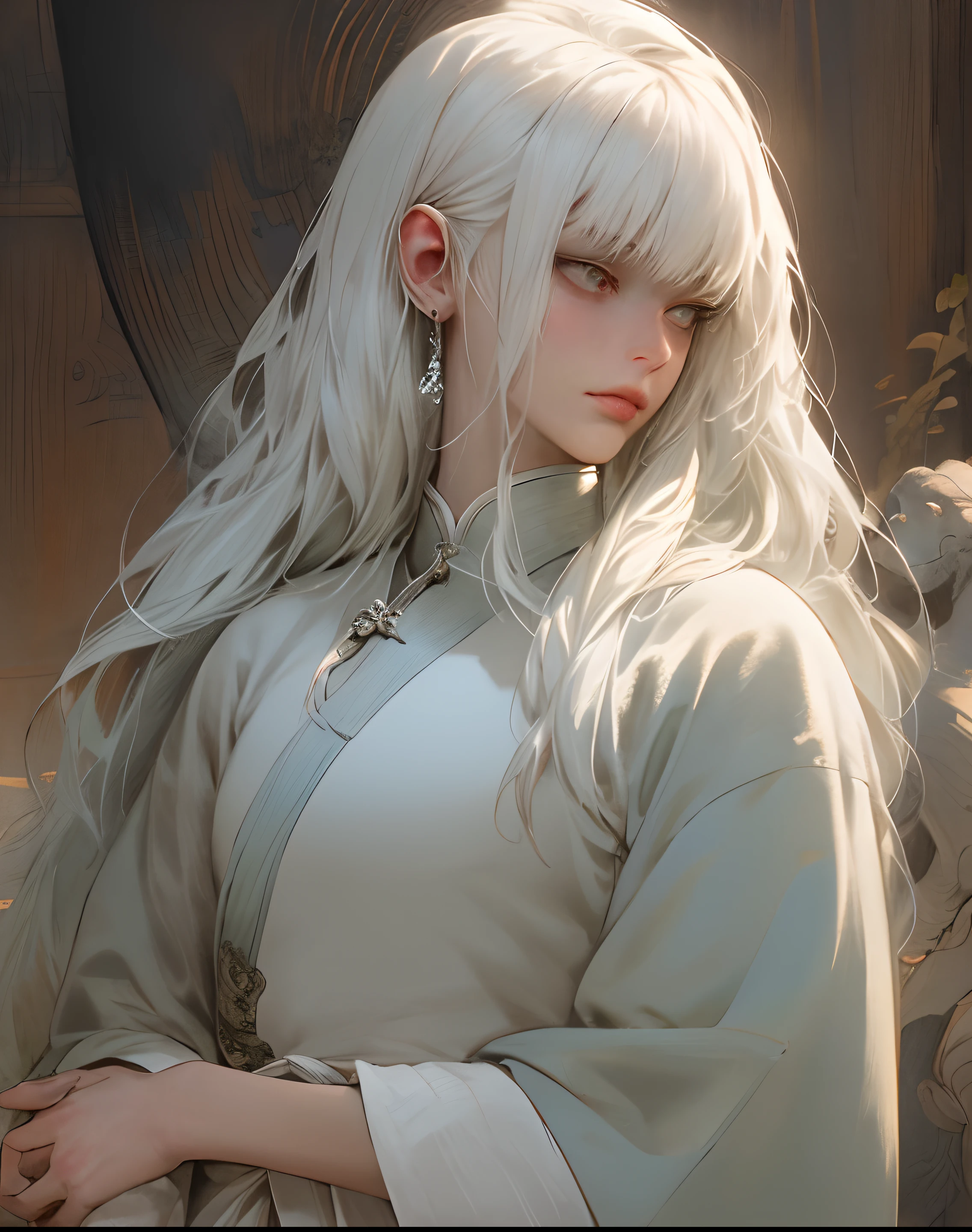 a close up of a man with a sword in a white dress, a character portrait by Yang J, trending on cgsociety, fantasy art, beautiful character painting, artwork in the style of guweiz, guweiz, white hanfu, flowing white robes, full body wuxia, epic exquisite character art, stunning character art, handsome male assassin, highly detailed facial features, extremely handsome , neon glow affects, masterpiece