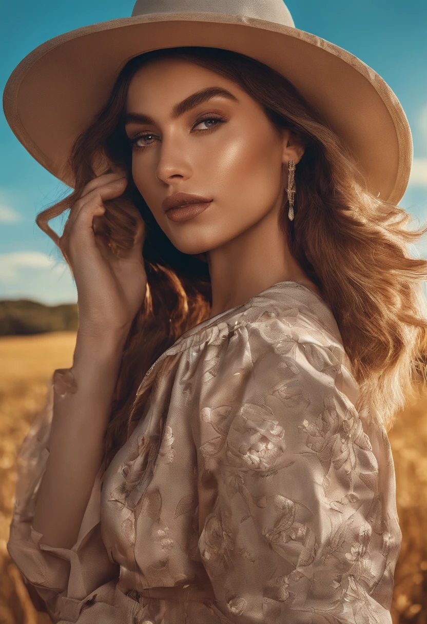 yael shelbia(Beautiful and bold,Seductive and captivating,eBlue eyes,long whitr hair,Sweaty body,Open shirt,shorter pants,my,Boots,bucket-hat)。(Autumn roads,Vintage car,Pose,setting sun,grassy fields,film effect),(best qualtiy,tmasterpiece,depth of fields,Full-HD,4K,detail-rich)。Estilo Retrato