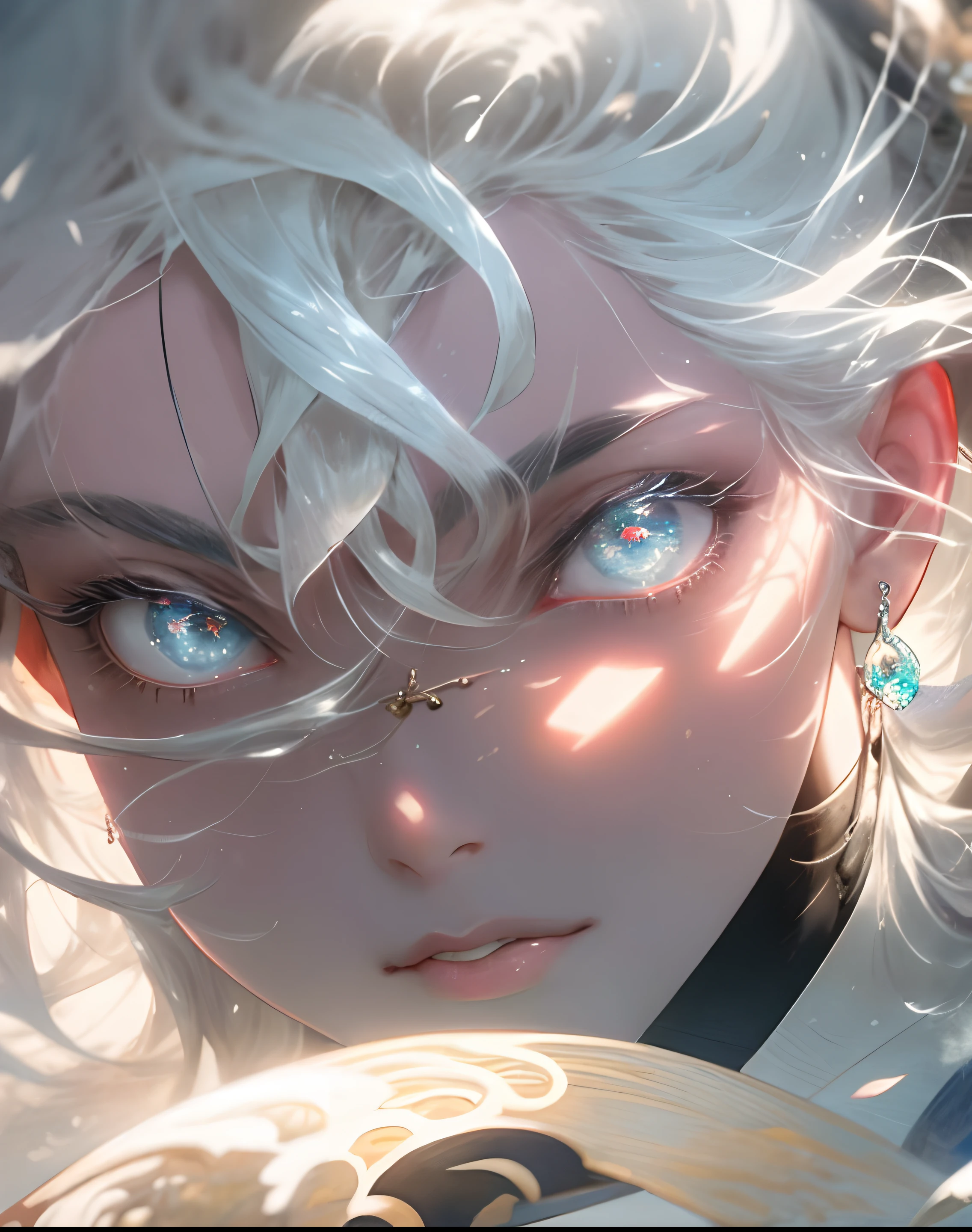 a close up of a man with a sword in a white dress, a character portrait by Yang J, trending on cgsociety, fantasy art, beautiful character painting, artwork in the style of guweiz, guweiz, white hanfu, flowing white robes, full body wuxia, epic exquisite character art, stunning character art, handsome male assassin, highly detailed facial features, extremely handsome , neon glow affects, zoomed out, 55mm, beautiful eyes, highly detailed eyes, sparkling shiny eyes, glowing pupils,masterpiece