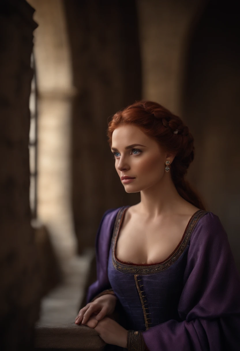 Realistic photo, a realistic photo of 30yo adult medieval woman queen wearing a purple dress, red hair, medieval castle, blue eyes, perfect nose, round face, straight eyebrow,(1girl), (extremely detailed CG unity 8k wallpaper), photo of the most beautiful artwork in the world, professional majestic, (big-breasted:1.5) (photography by Steve McCurry), 8k uhd, dslr, soft lighting, high quality, film grain, Fujifilm XT3 sharp focus, f 5.6, High Detail, Sharp focus, dramatic, (looking at viewer:1.2), (detailed pupils:1.3), (natural light),full body.