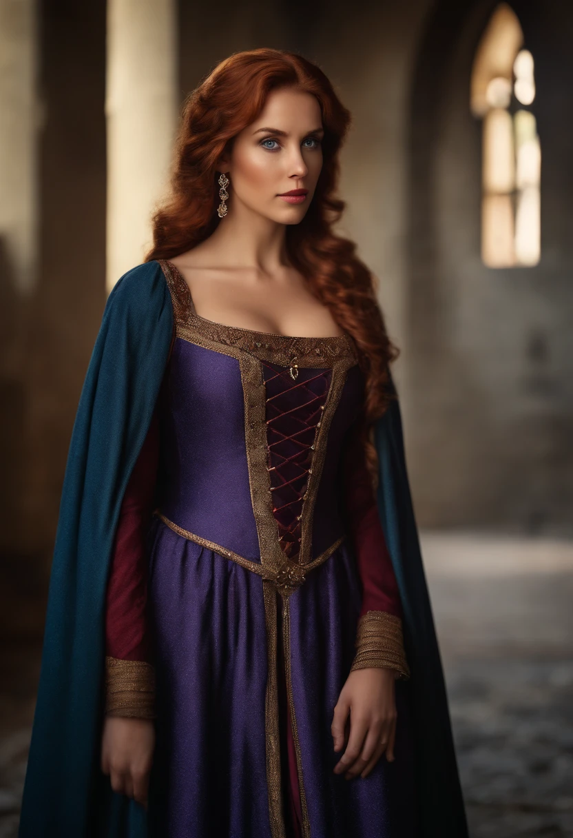 Realistic photo, a realistic photo of 30yo adult medieval woman queen wearing a purple dress, red hair, medieval castle, blue eyes, perfect nose, round face, straight eyebrow,(1girl), (extremely detailed CG unity 8k wallpaper), photo of the most beautiful artwork in the world, professional majestic, (big-breasted:1.5) (photography by Steve McCurry), 8k uhd, dslr, soft lighting, high quality, film grain, Fujifilm XT3 sharp focus, f 5.6, High Detail, Sharp focus, dramatic, (looking at viewer:1.2), (detailed pupils:1.3), (natural light),full body.