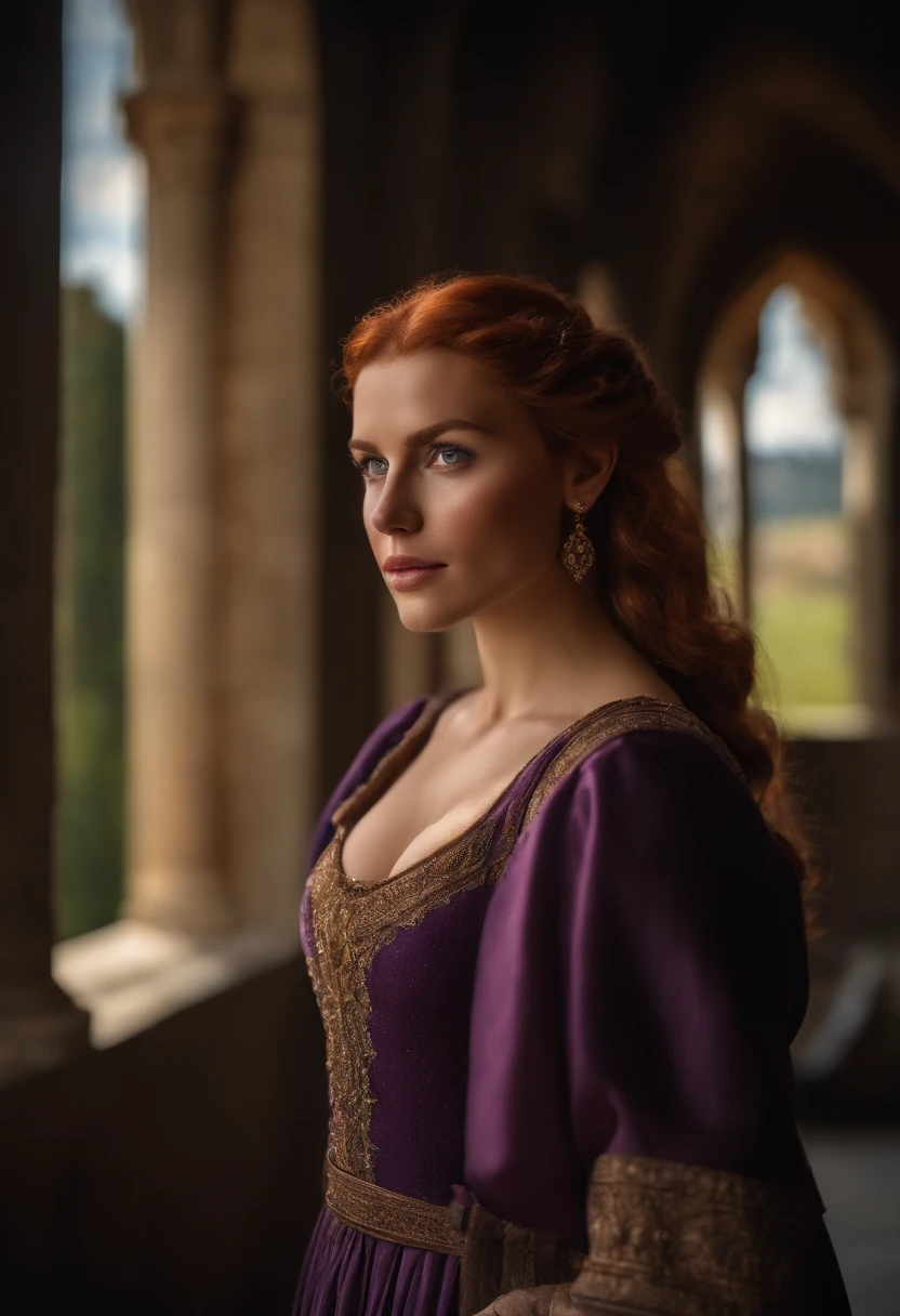 Realistic photo, a realistic photo of 30yo adult medieval woman queen wearing a purple dress, red hair, medieval castle, blue eyes, perfect nose, round face, straight eyebrow,(1girl), (extremely detailed CG unity 8k wallpaper), photo of the most beautiful artwork in the world, professional majestic, (big-breasted:1.5) (photography by Steve McCurry), 8k uhd, dslr, soft lighting, high quality, film grain, Fujifilm XT3 sharp focus, f 5.6, High Detail, Sharp focus, dramatic, (looking at viewer:1.2), (detailed pupils:1.3), (natural light),full body.