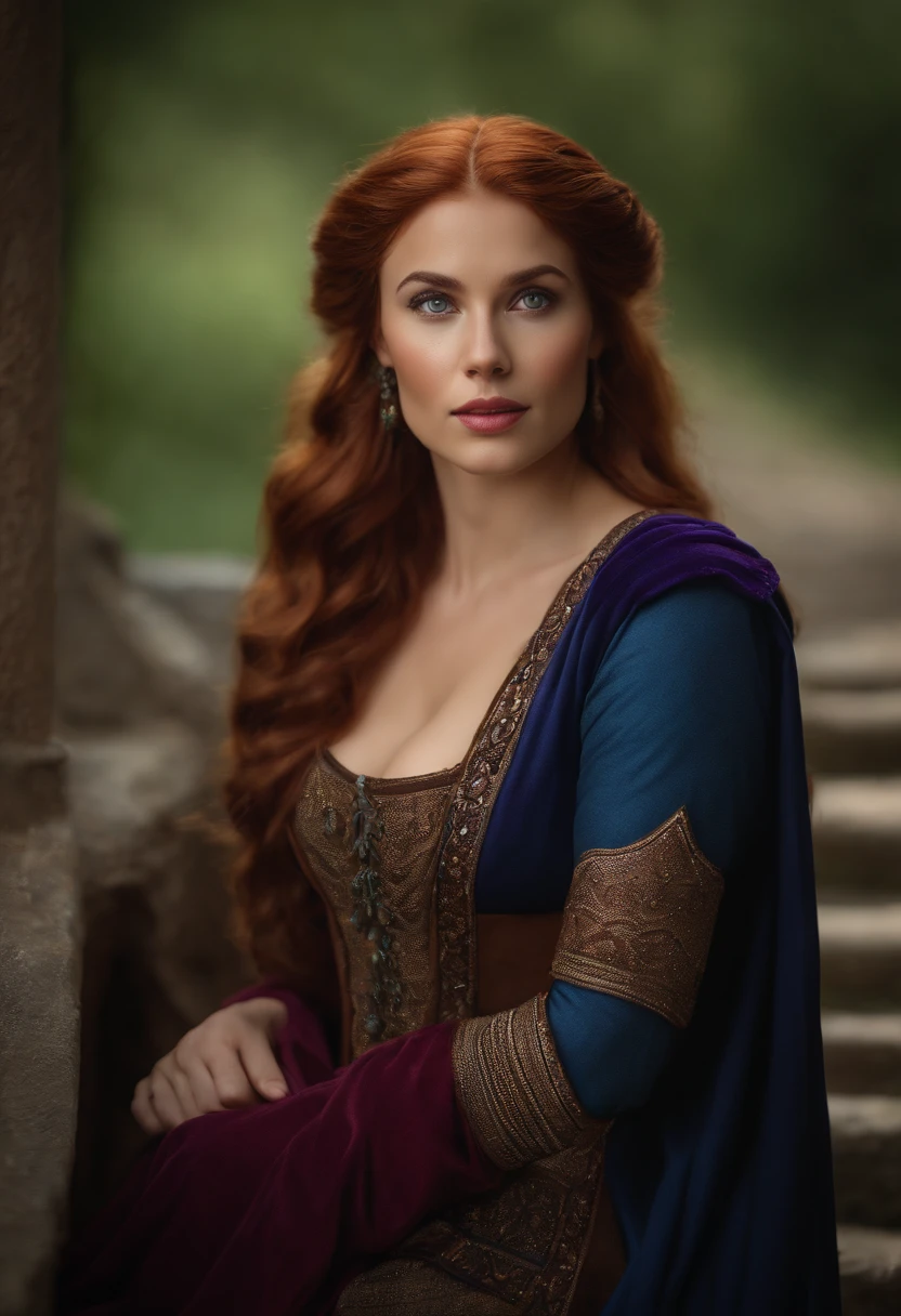 Realistic photo, a realistic photo of 30yo adult medieval woman queen wearing a purple dress, red hair, medieval castle, blue eyes, perfect nose, round face, straight eyebrow,(1girl), (extremely detailed CG unity 8k wallpaper), photo of the most beautiful artwork in the world, professional majestic, (big-breasted:1.5) (photography by Steve McCurry), 8k uhd, dslr, soft lighting, high quality, film grain, Fujifilm XT3 sharp focus, f 5.6, High Detail, Sharp focus, dramatic, (looking at viewer:1.2), (detailed pupils:1.3), (natural light),full body.