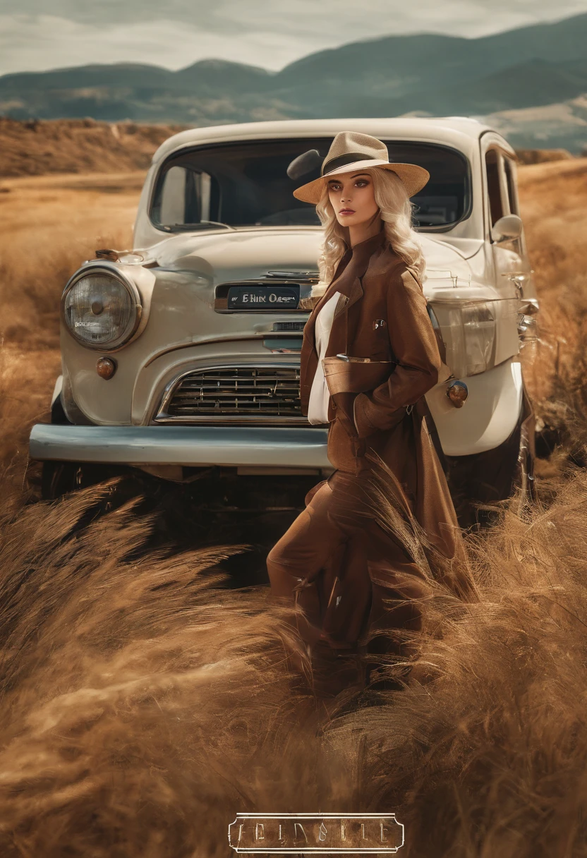 yael shelbia（Beautiful and bold，Seductive and captivating，eBlue eyes，long whitr hair，Hats）。（Autumn roads，Vintage car，，setting sun，grassy fields，film effect），（best qualtiy，tmasterpiece，depth of fields，Full-HD，4K，detail-rich）。Estilo Retrato