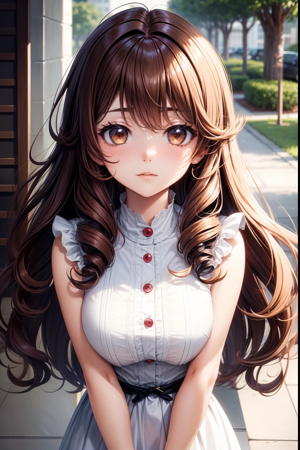 medium long curly hair，animemanga girl，Face shot，Completely frontal symmetrical photo，sophisticated haircut，Brown medium-long curly hair