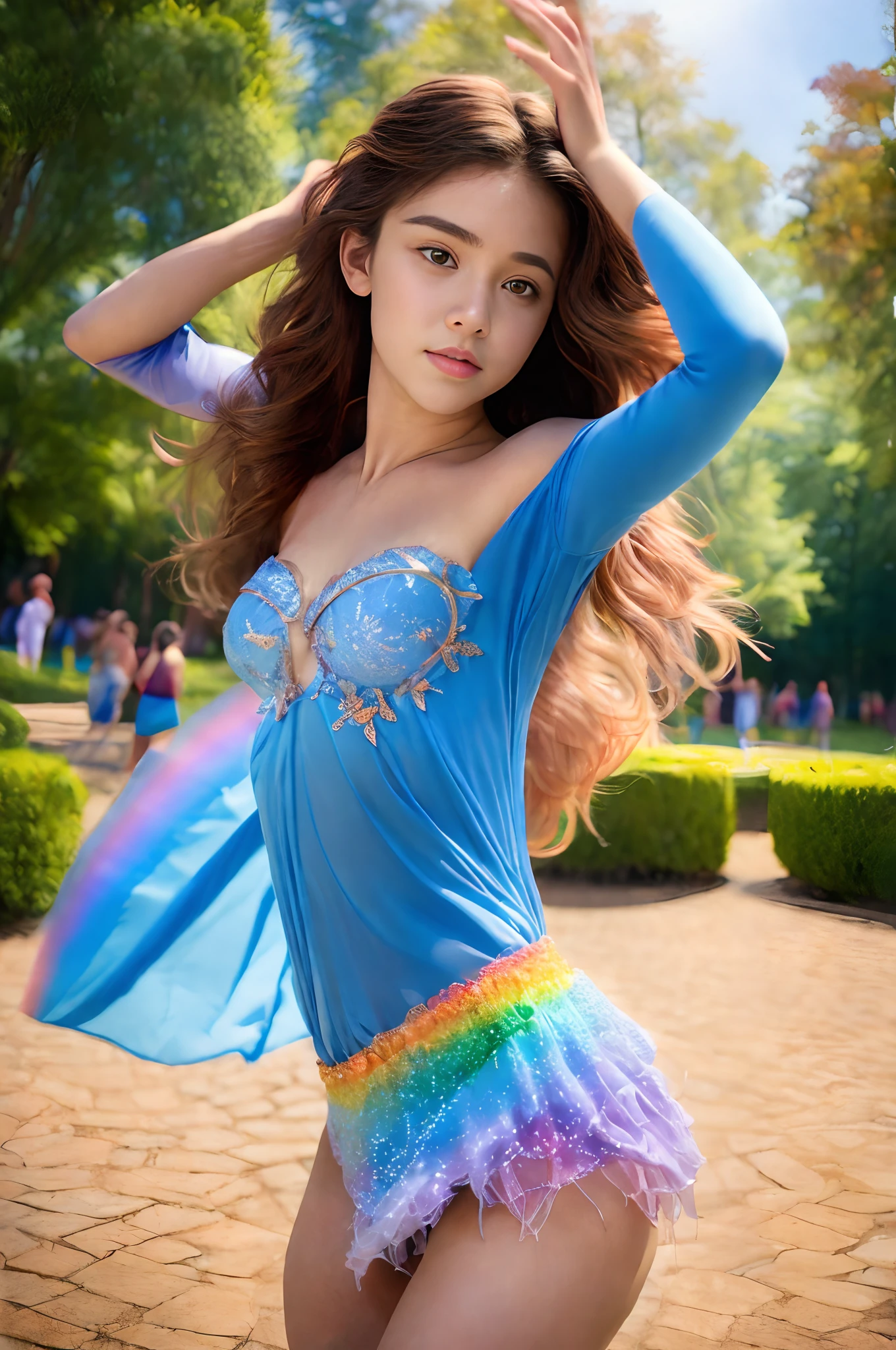 A beautiful teen girl is dancing, looking into the camera, photorealistic painting, sharp focus, 8k, perfect composition, trending on art station, award-winning photograph, unreal engine 5, cinematic smooth, intricate detail, highly detailed, from below, splash, fractal art, god ray, crystallineAI, rainbow, in the park, naked,1girl, GinaGerson