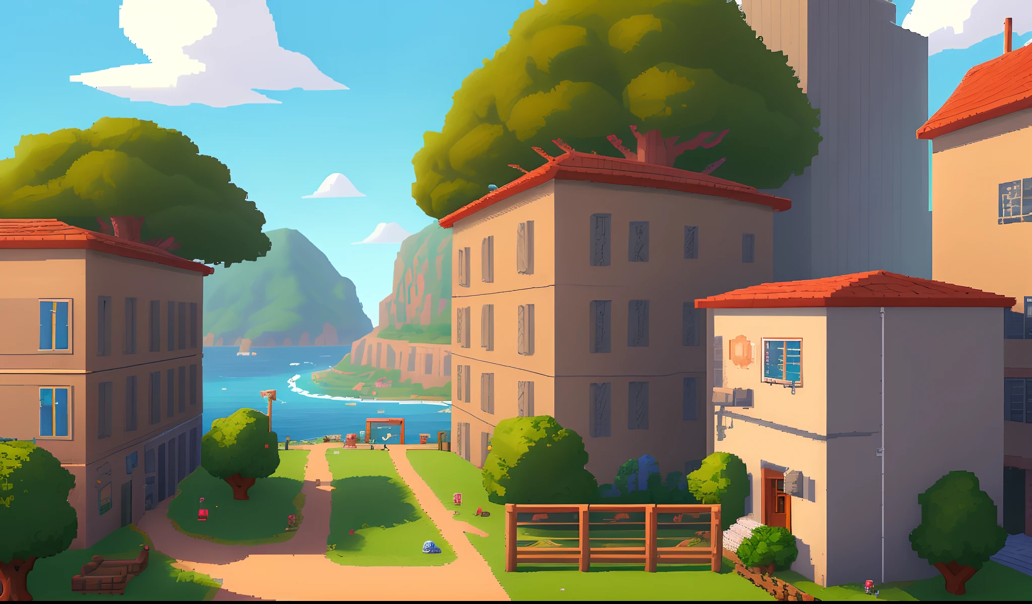 Tela inicial de um jogo 2d em pixelart, In the background of the scenery there is a modern and technological school