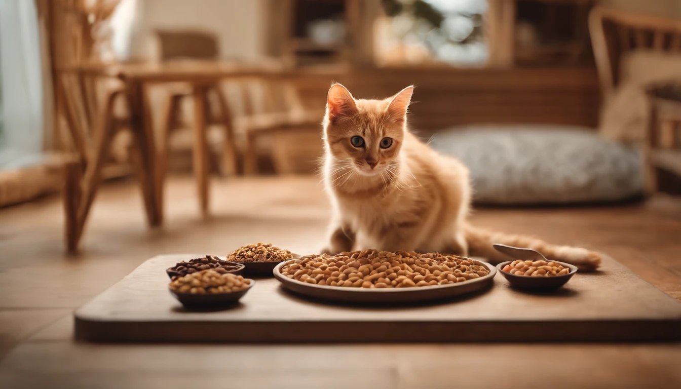 Cats steal cat food，The proportions are moderate, Gradient color, Soft color palette, Hierarchical form, simplebackground, Spatial perspective is correct, large panorama, structurally correct, Depth of field, f/1.8, Best quality