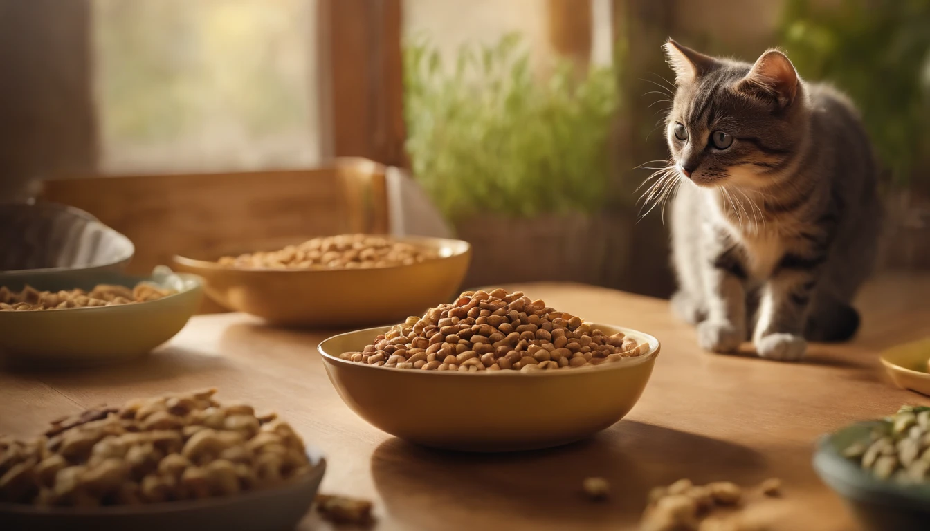 Cats steal cat food,The proportions are moderate, Gradient color, Soft color palette, Hierarchical form, simplebackground, Spatial perspective is correct, large panorama, structurally correct, Depth of field, f/1.8, Best quality