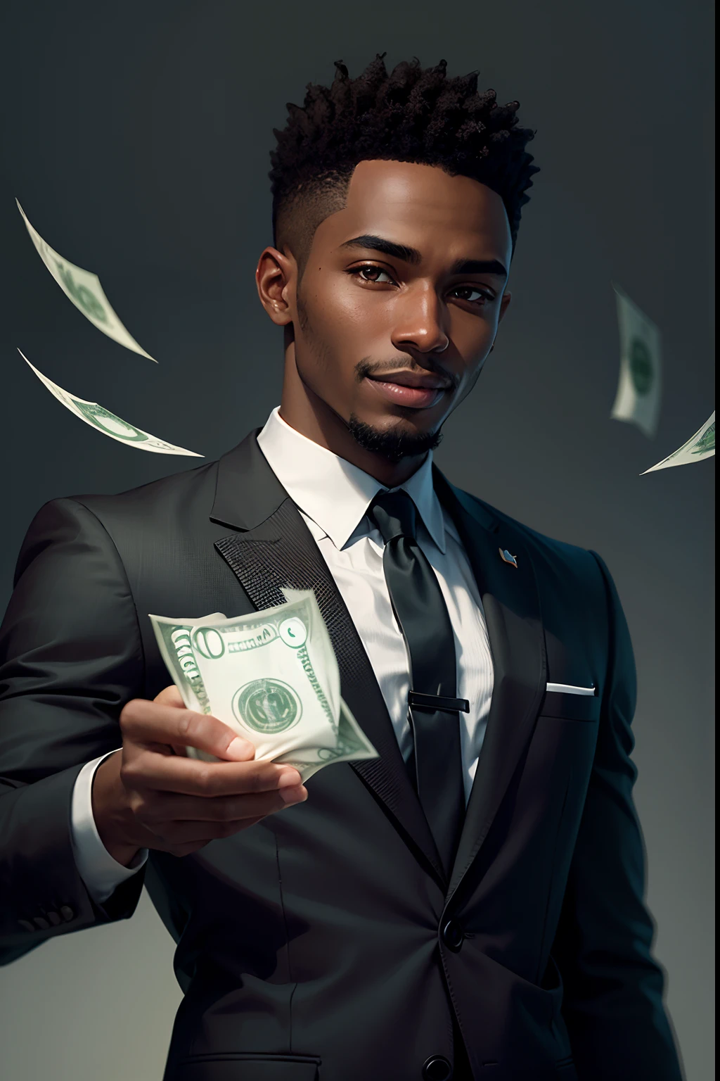 Portrait, 1man, nigerian, dark skin, happy, wearing a black suit, money, (dollars in the air, money in the air:1.3), front view, looking at viewer, highly detailed, masterpiece, minimalist backgroung