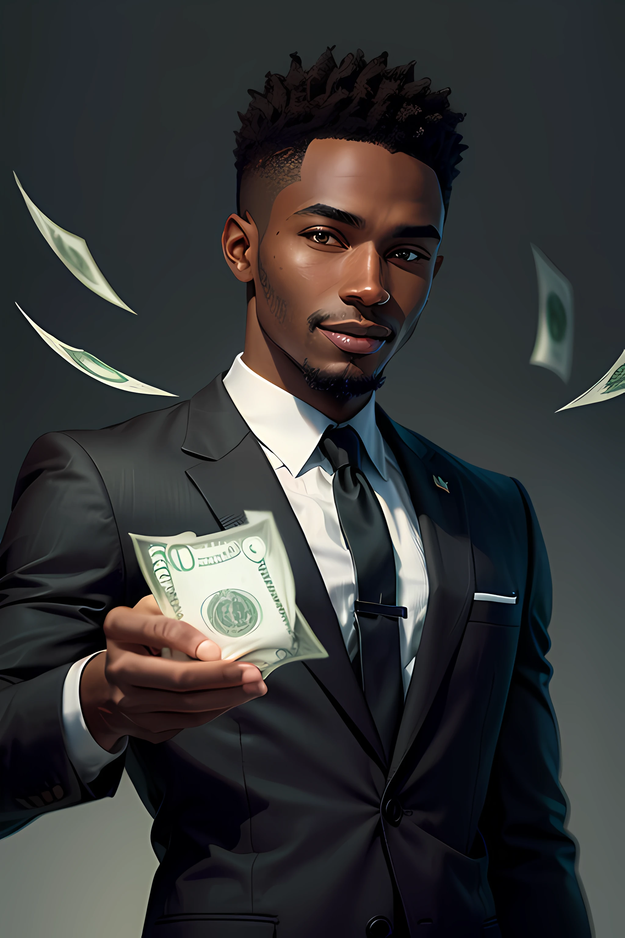 Portrait, 1man, nigerian, dark skin, happy, wearing a black suit, money, (dollars in the air, money in the air:1.3), front view, looking at viewer, highly detailed, masterpiece, minimalist backgroung