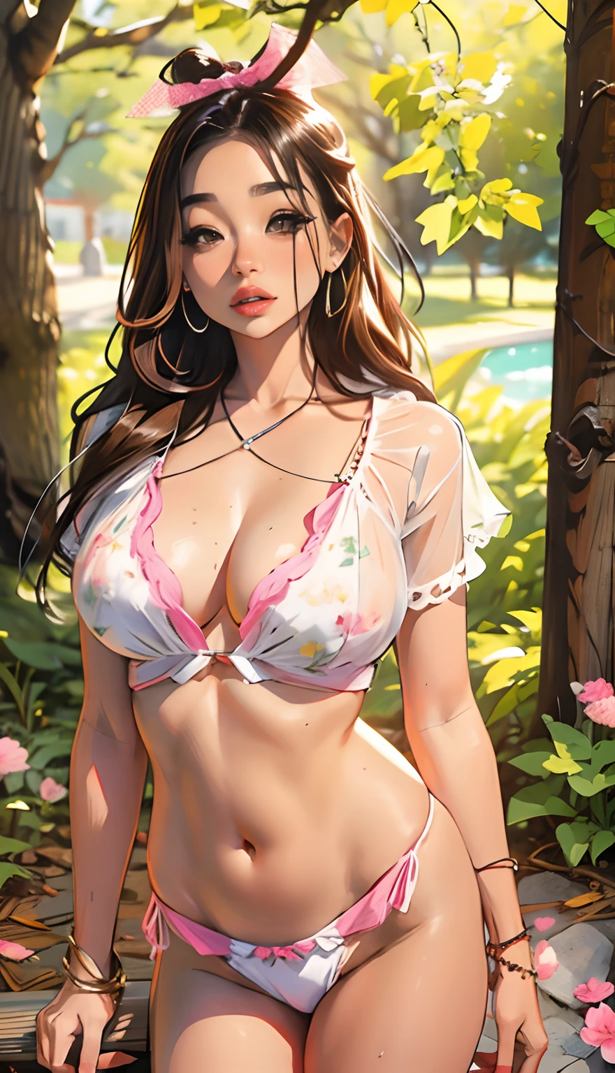 Una mujer en bikini rosa y orejas de conejito posando en un parque, sexy girl, Diosa japonesa, japanese model, Dulce conejita ultrarrealista, Hermosa chica modelo, seductora chica de anime, brown hair and a perfect body, realistic young gravure idol, Hermosa modelo de chica, Cuerpo perfecto fotorrealista, OPPAI, Hermosa modelo de bikini, hermosa doncella, Retrato Sophie Mudd