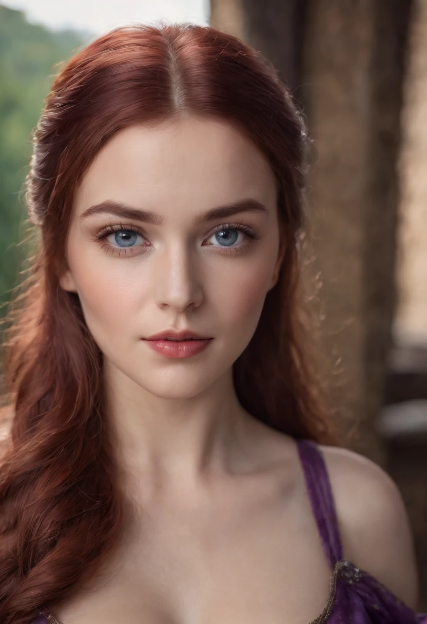 Realistic photo, a realistic photo of 30yo adult medieval woman queen wearing a purple dress, red hair, medieval castle, blue eyes, perfect nose, round face, straight eyebrow,(1girl), (extremely detailed CG unity 8k wallpaper), photo of the most beautiful artwork in the world, professional majestic, (big-breasted:1.6) (photography by Steve McCurry), 8k uhd, dslr, soft lighting, high quality, film grain, Fujifilm XT3 sharp focus, f 5.6, High Detail, Sharp focus, dramatic, (looking at viewer:1.2), (detailed pupils:1.3), (natural light),full body.