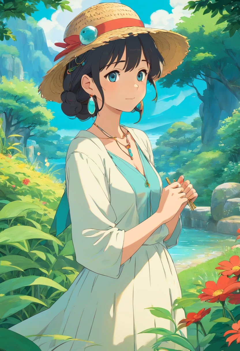 The girl with the straw hat in the anime, Long necklaces and earrings, In the style of a tranquil garden landscape, colorful animation stills, aquamarine, paul gauguin, Embry style, Honest portrayal