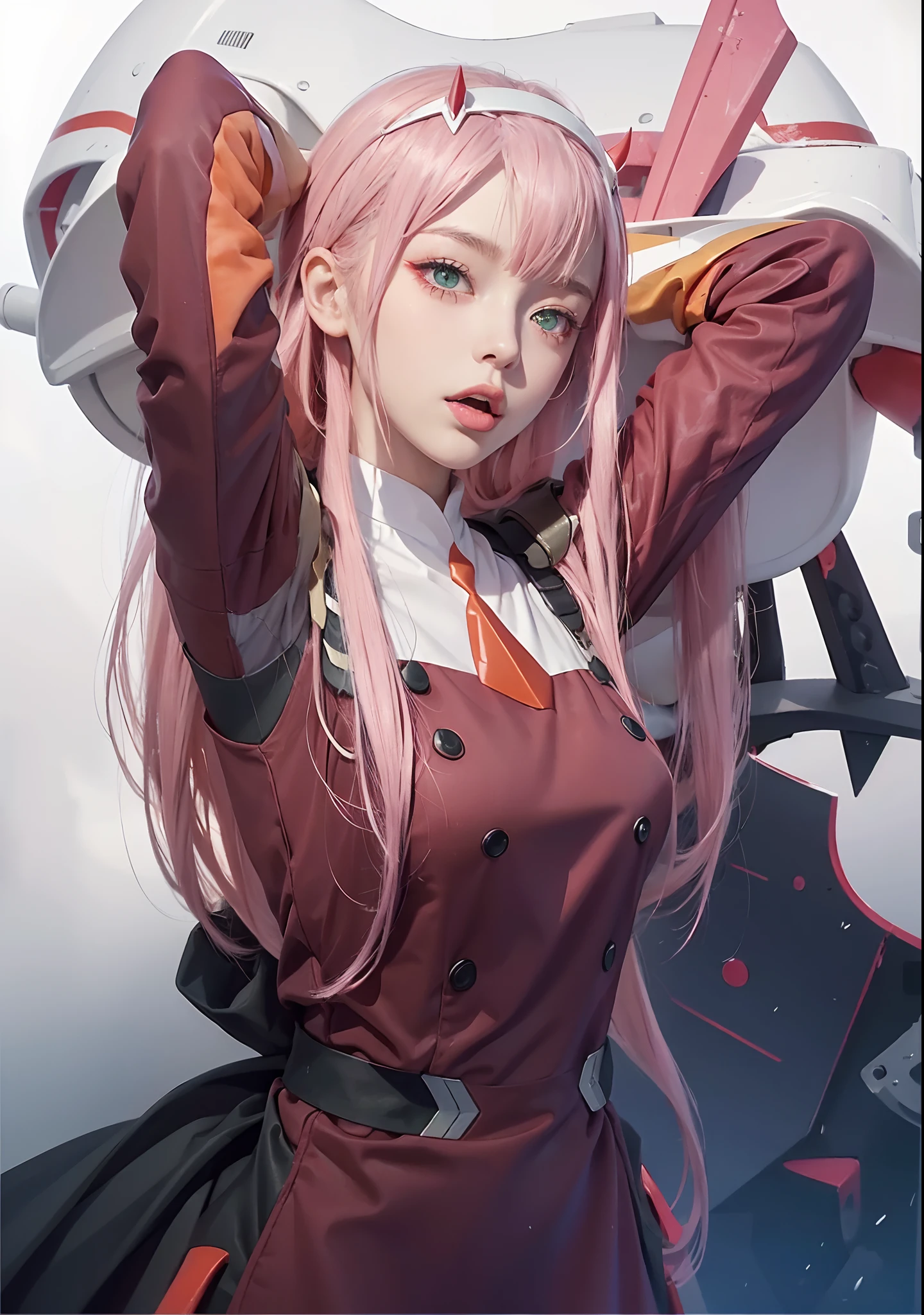 zero two \(darling in the franxx\), 1girl, horns, pink hair, solo, long hair, hairband, white hairband, uniform, candy, military, military uniform, green eyes, looking at viewer, food, aqua eyes, red dress, lollipop, eyebrows visible through hair, pilot suit, tongue, medium breasts, dress, tongue out, breasts