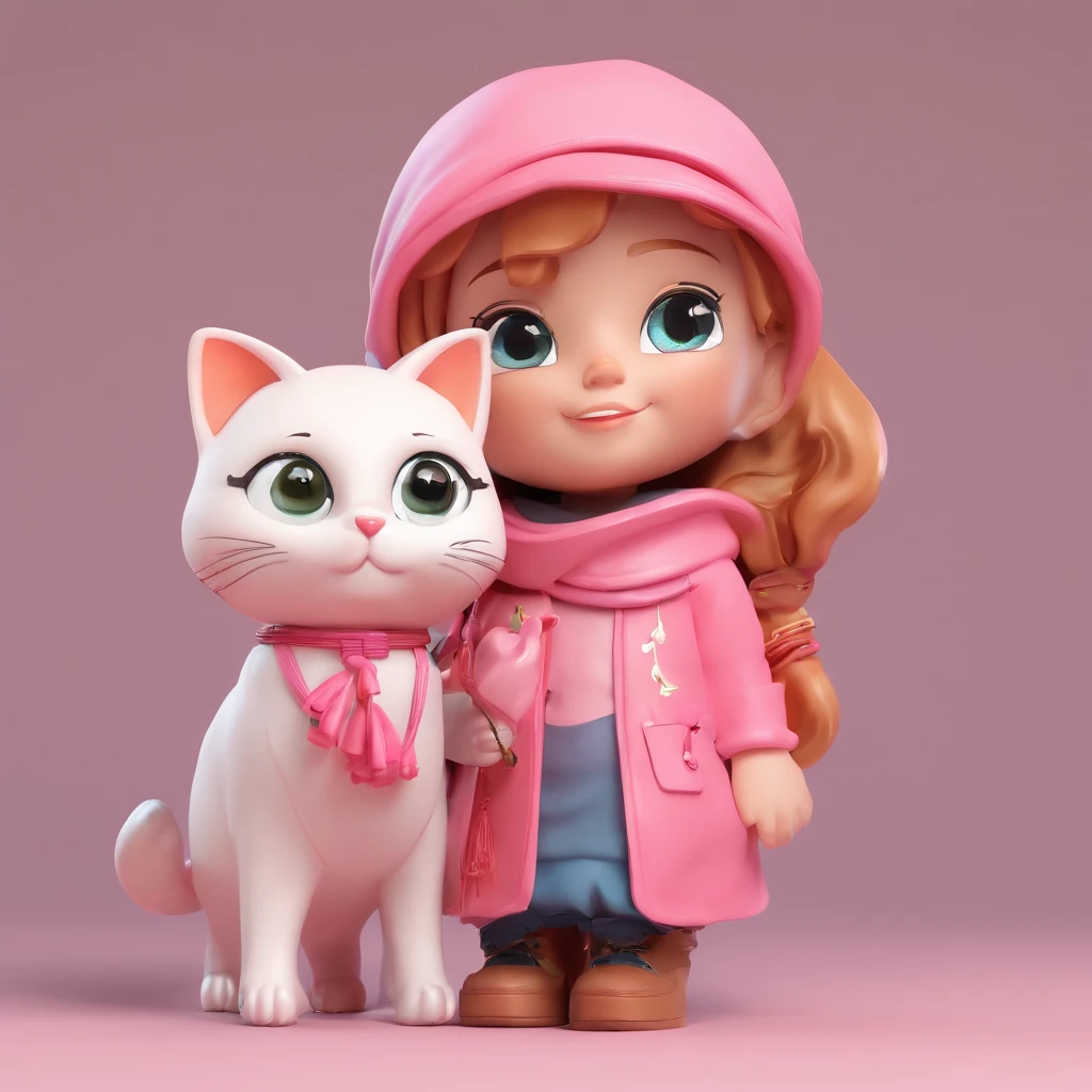 super cute girl IP by pop mart with her cat, Bright eyes, cherub, dressing pink hijab, Clay, Models, a blind box toy, Glossy and delicate,Clean background, Good gloss, 3D rendering of, Best quality