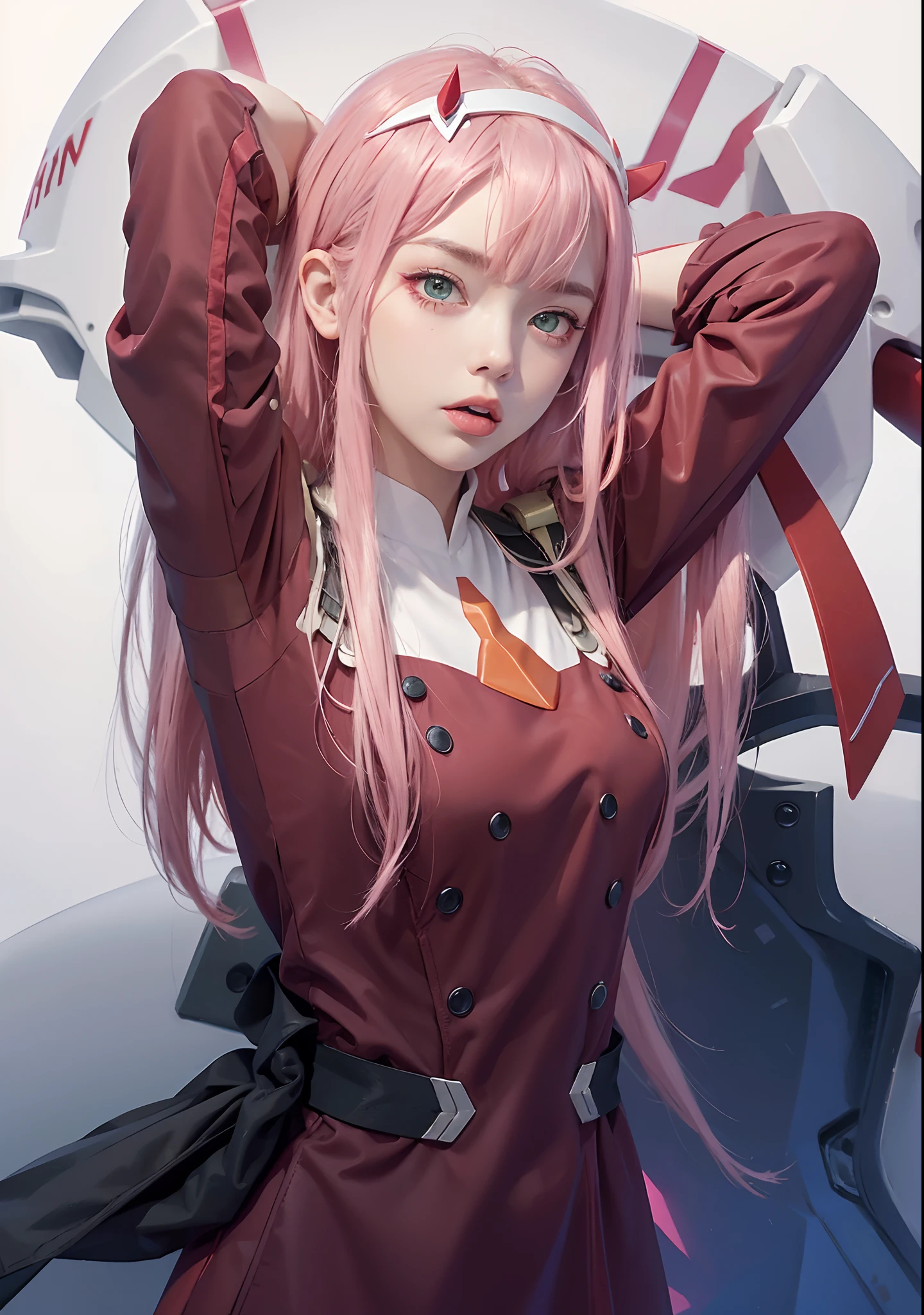 zero two \(darling in the franxx\), 1girl, horns, pink hair, solo, long hair, hairband, white hairband, uniform, candy, military, military uniform, green eyes, looking at viewer, food, aqua eyes, red dress, lollipop, eyebrows visible through hair, pilot suit, tongue, medium breasts, dress, tongue out, breasts