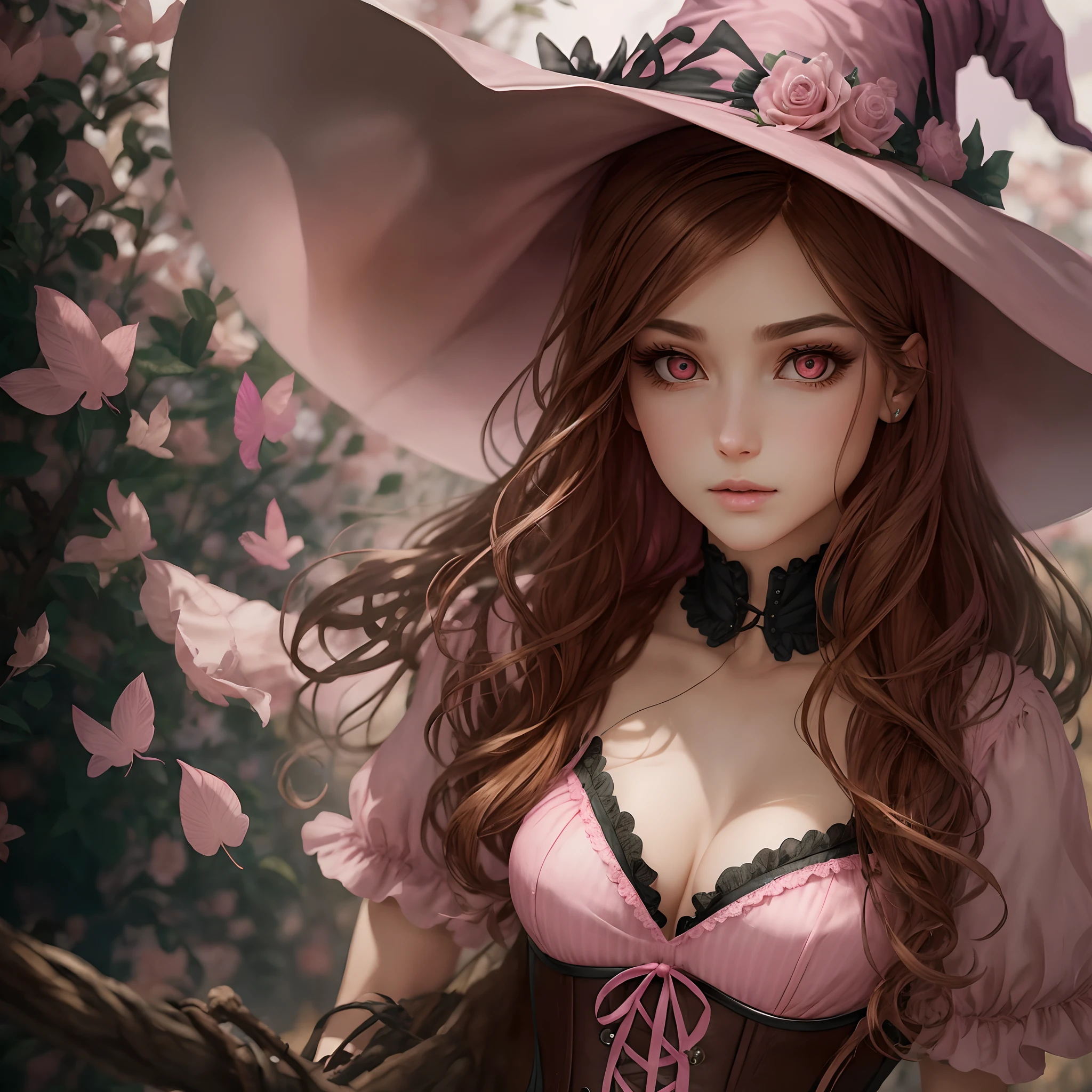 Witch in a pink pointed hat and dressed in a corset, brown hair and pink eyes. Realistic, high quality --auto --s2
